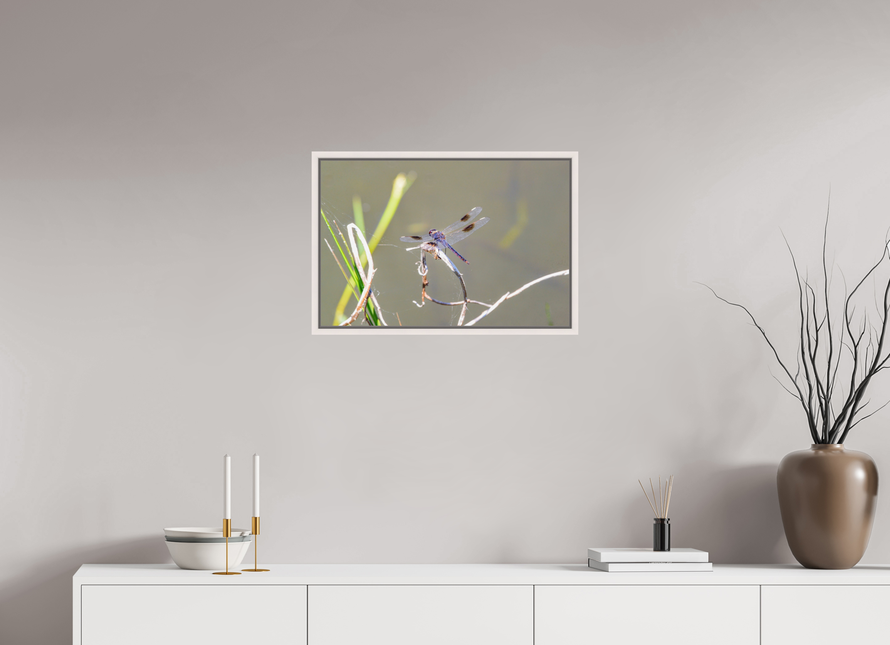 24 x 16″, Floater Frame, Basel 0.6", Maple White, Glossy Acrylic Glass Pennant Dragonfly in the Marsh