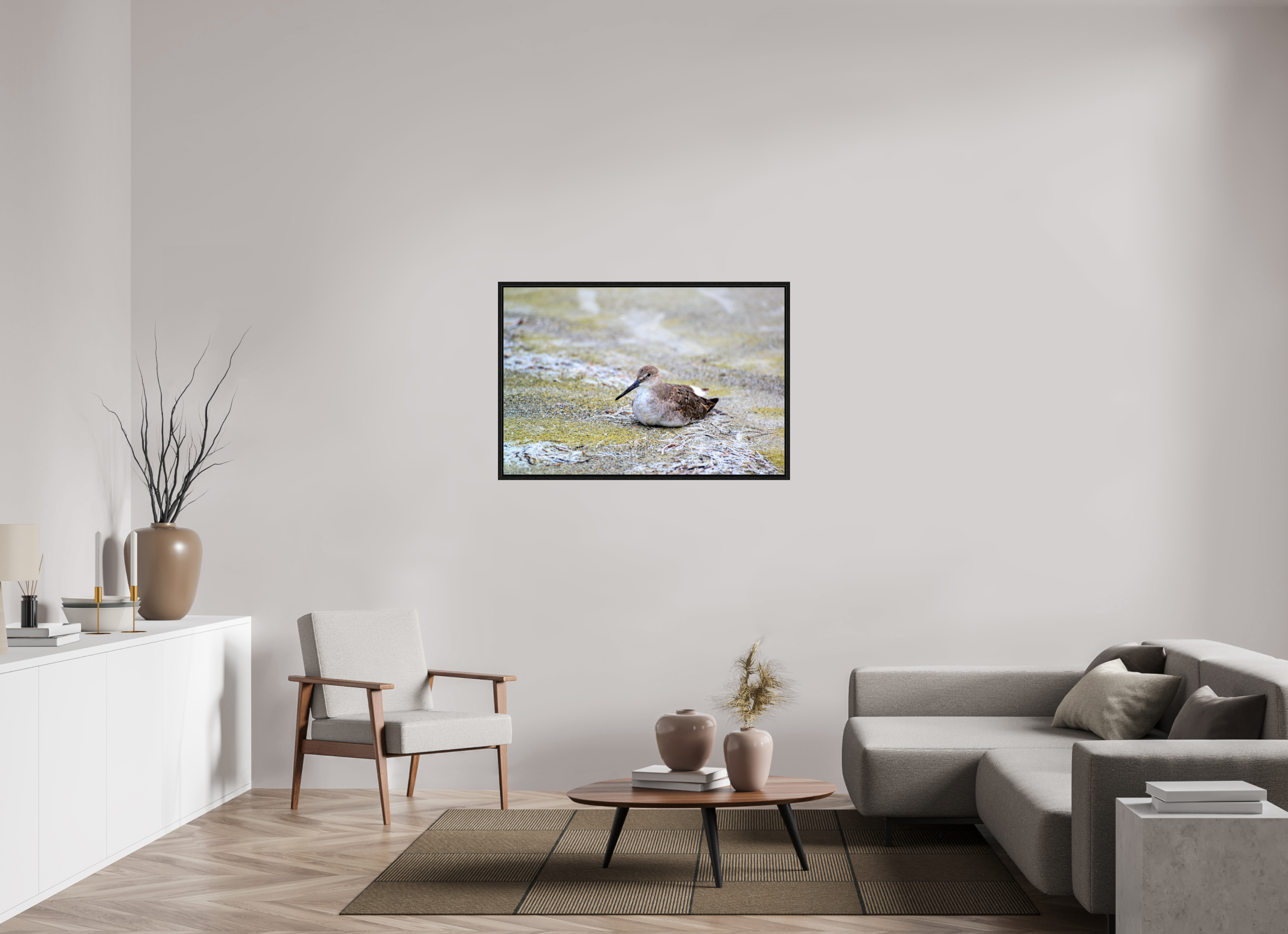 45 x 30″, Floater Frame, Basel 0.6", Black Oak, Glossy Acrylic Glass The Resting Willet