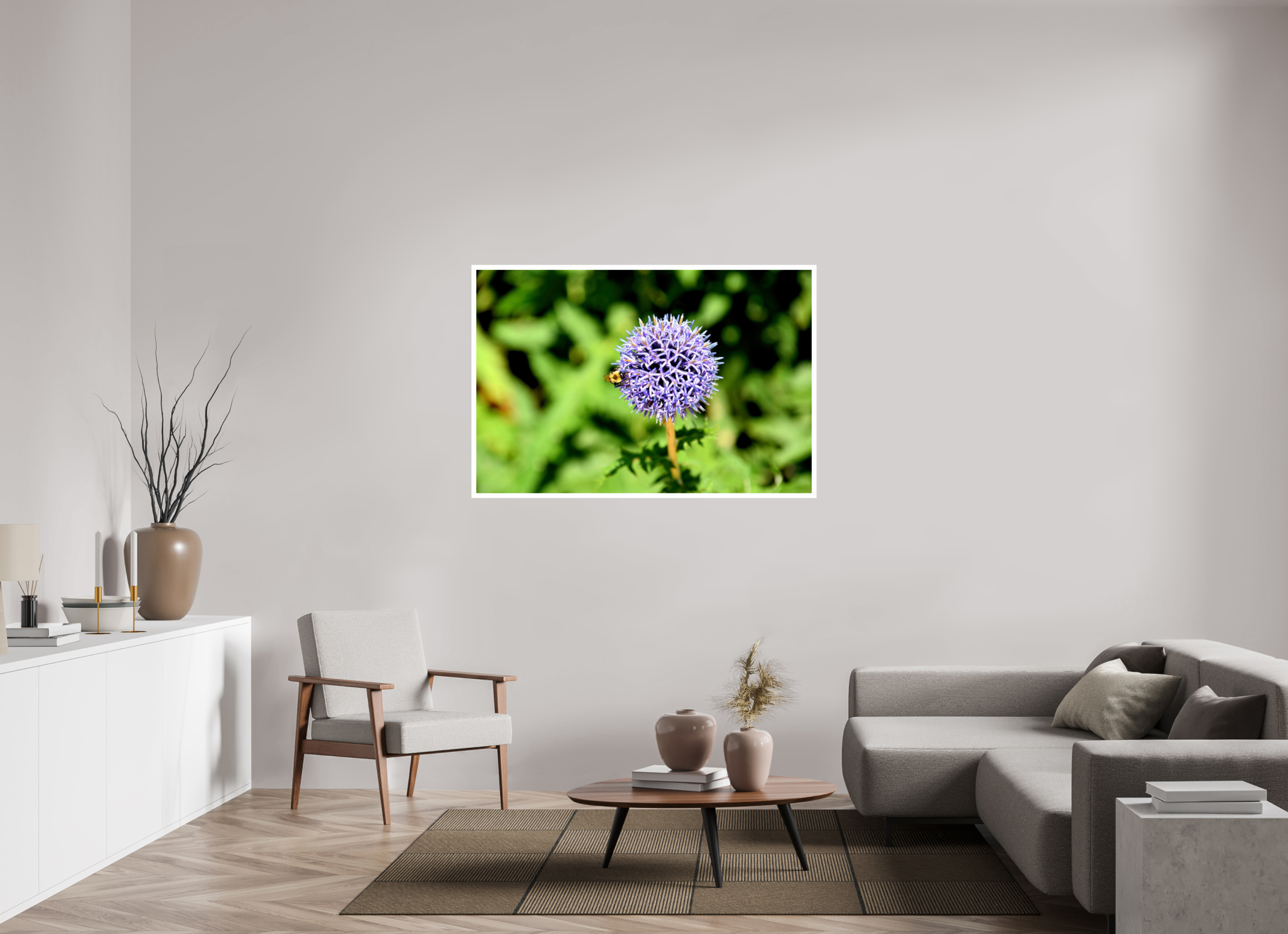 54 x 36″, Hahnemühle FineArt Pearl Print, .79" white border The Bee & The Globe Thistle (Echinops)