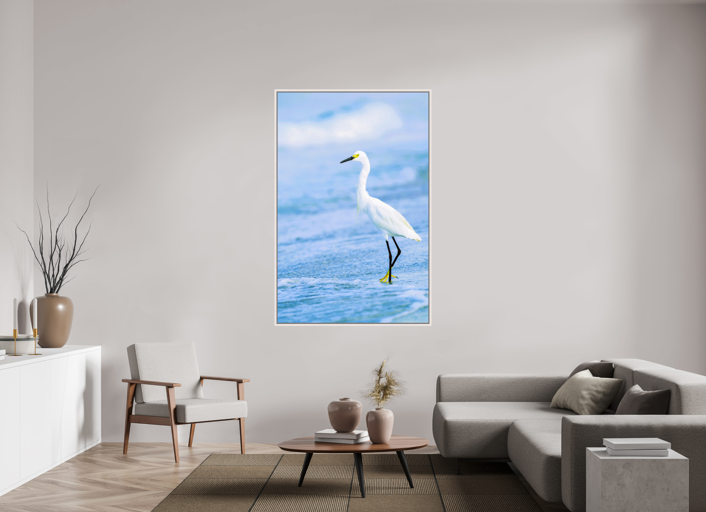 43 x 65.6″, Floater Frame, Basel 0.6", Maple White, Glossy Acrylic Glass Snowy Egret in Azure