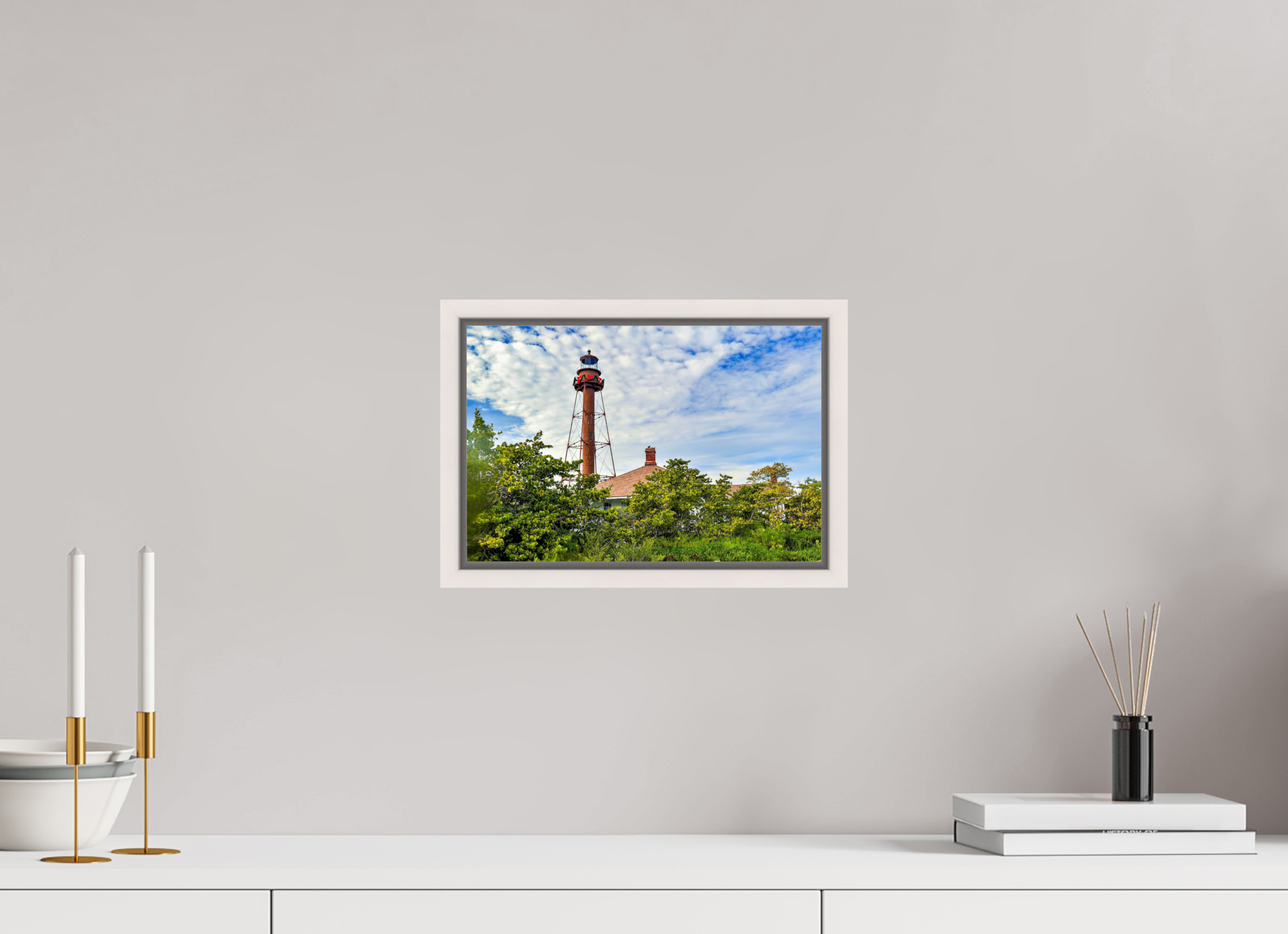 12 x 8″, Floating Frame, Photo Print Under Acrylic Glass Basel 0.6", Maple White Sanibel Island Lighthouse – Holiday Edition
