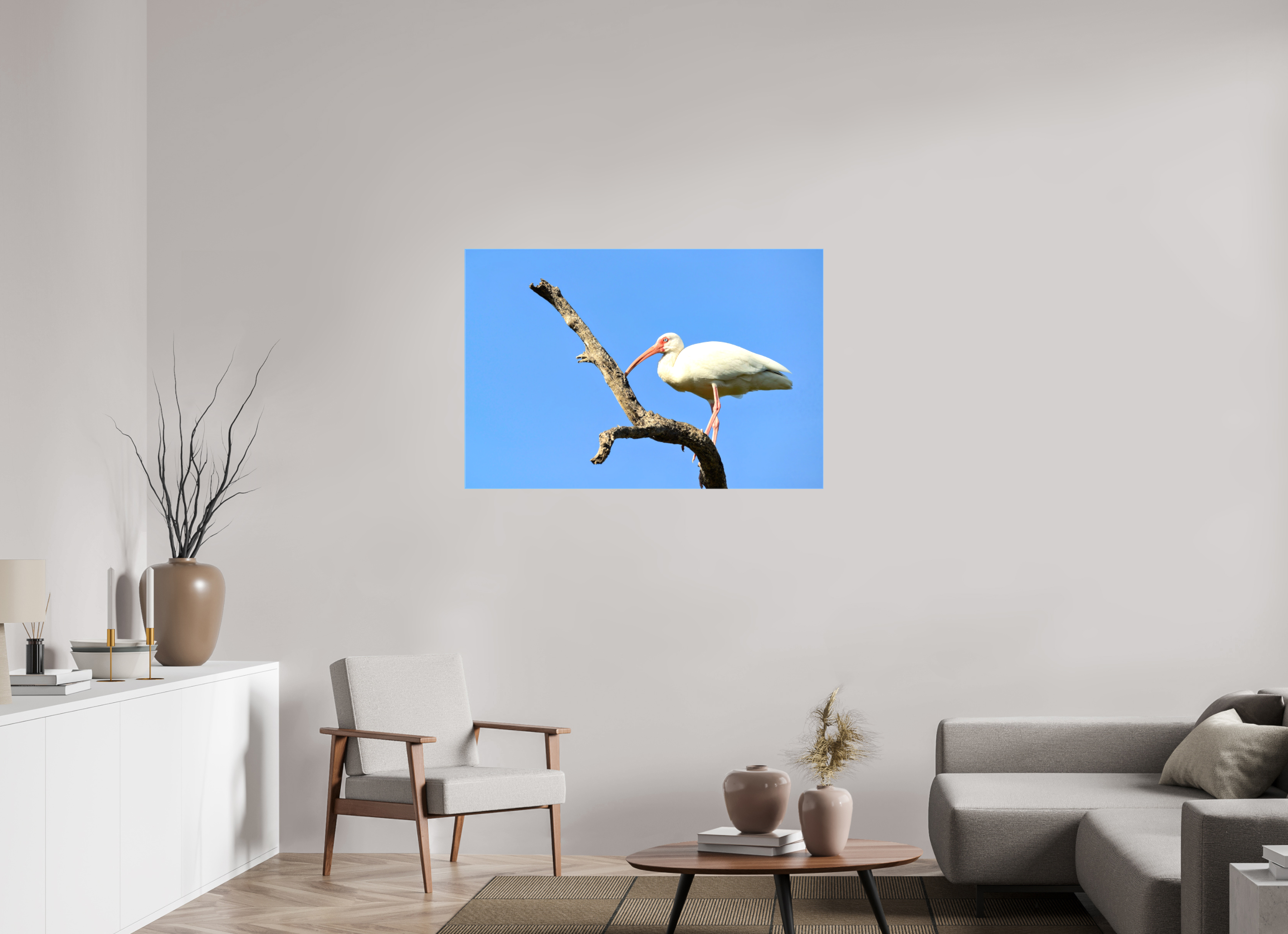 45 x 30″, Glossy Canvas on Stretcher Frame, 1,57" Wrapped Azure Solitude: The American White Ibis