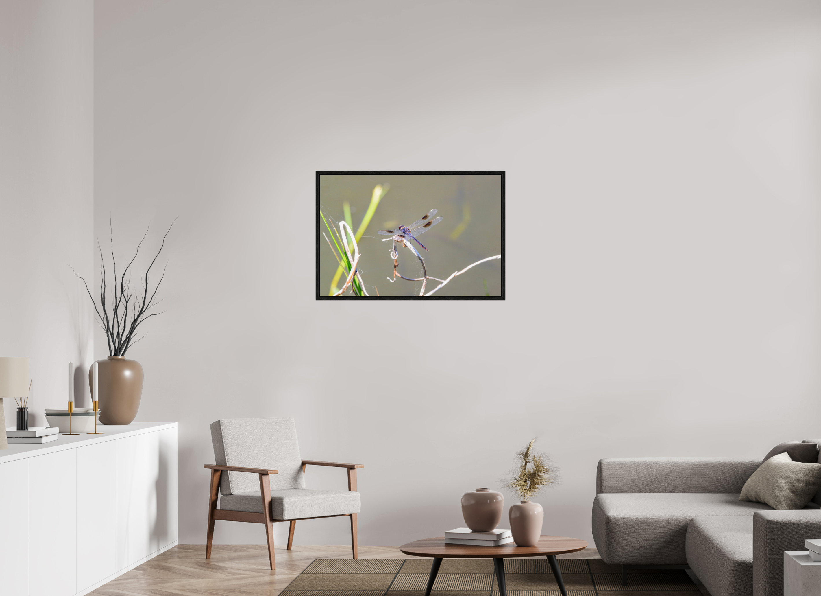 36 x 24″, Floater Frame, Basel 0.6", Black Oak, Glossy Acrylic Glass Pennant Dragonfly in the Marsh
