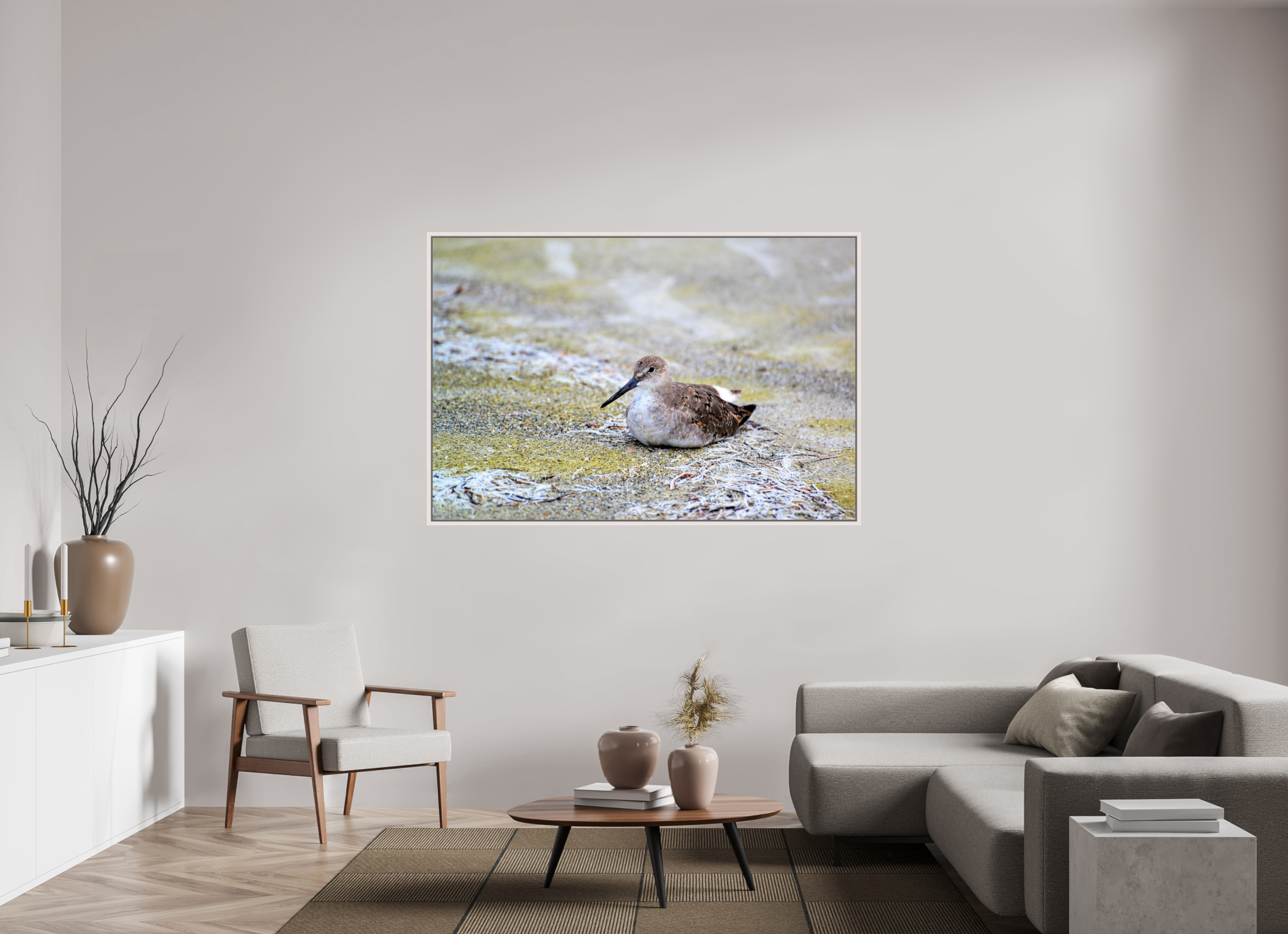 66 x 44″, Floater Frame, Basel 0.6", Maple White, Glossy Acrylic Glass The Resting Willet