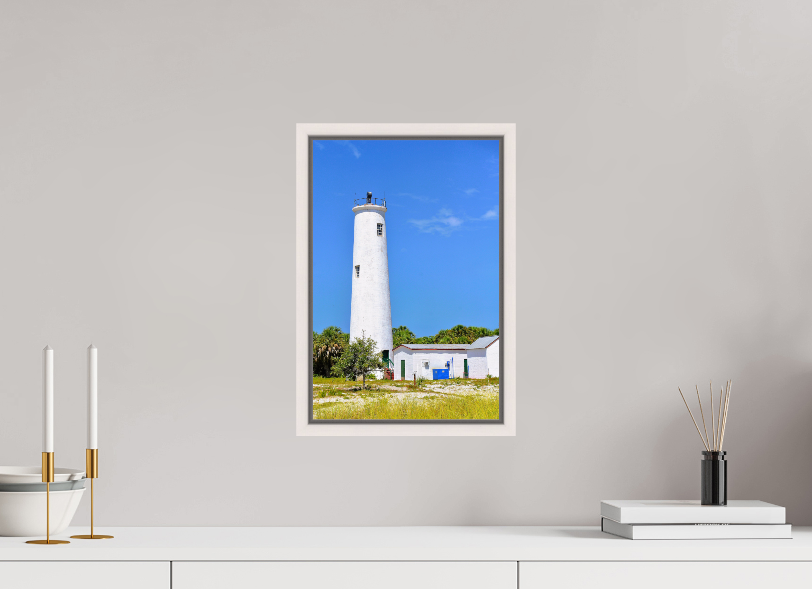 10 x 15″, Floater Frame, Basel 0.6", Maple White, Glossy Acrylic Glass Egmont Key Lighthouse