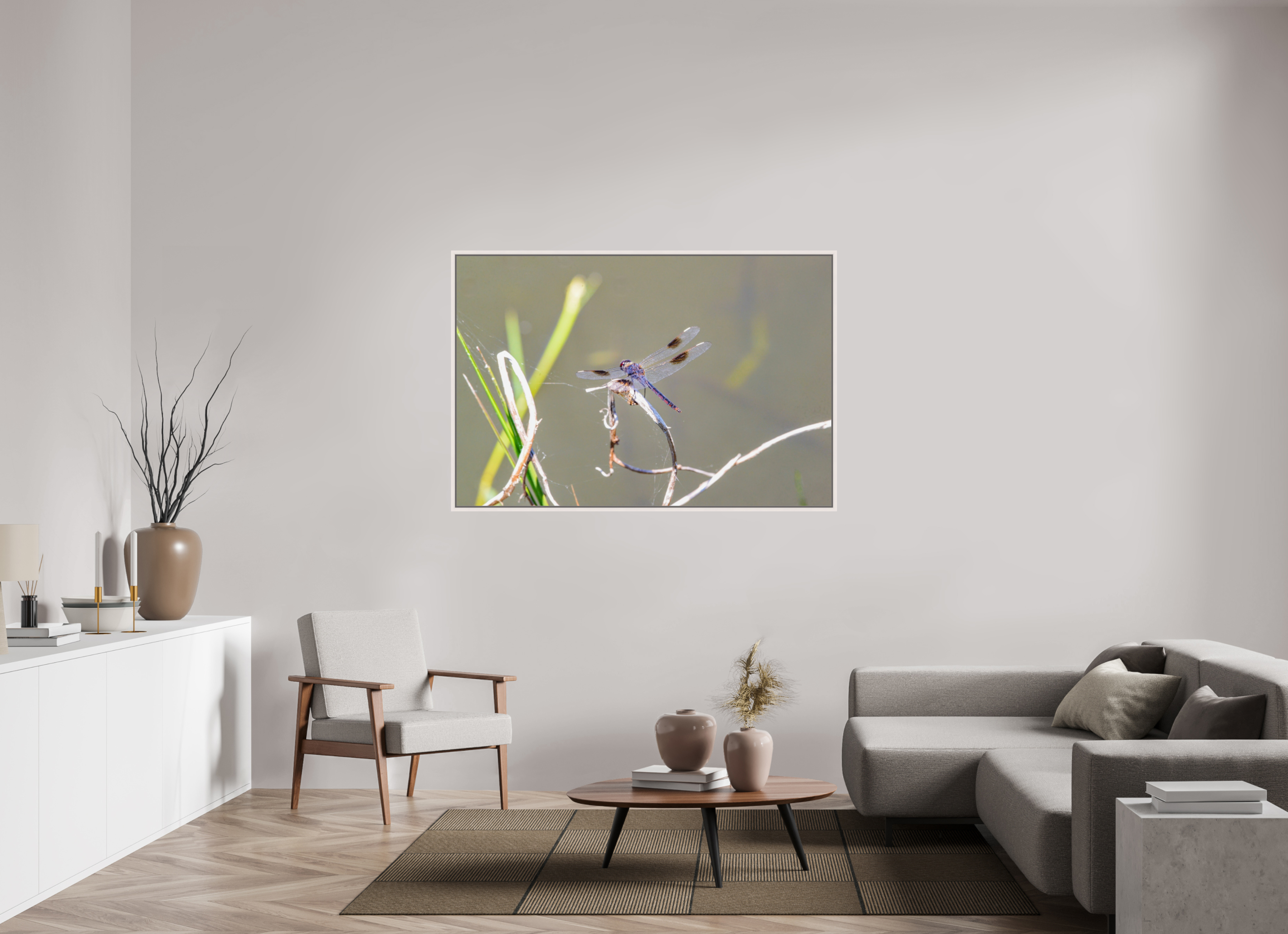 60 x 40″, Floater Frame, Basel 0.6", Maple White, Glossy Acrylic Glass Pennant Dragonfly in the Marsh
