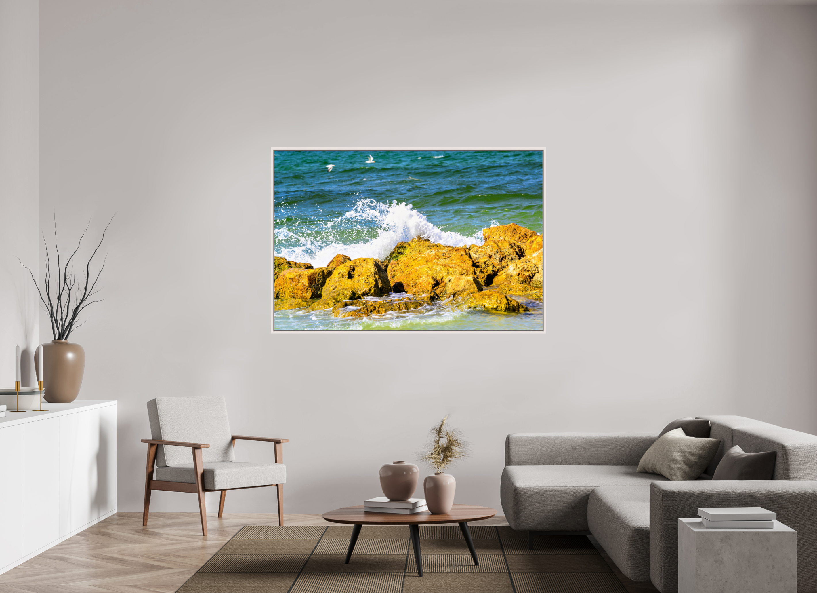 66 x 44″, Floater Frame, Basel 0.6", Maple White, Glossy Acrylic Glass Waves Breaking