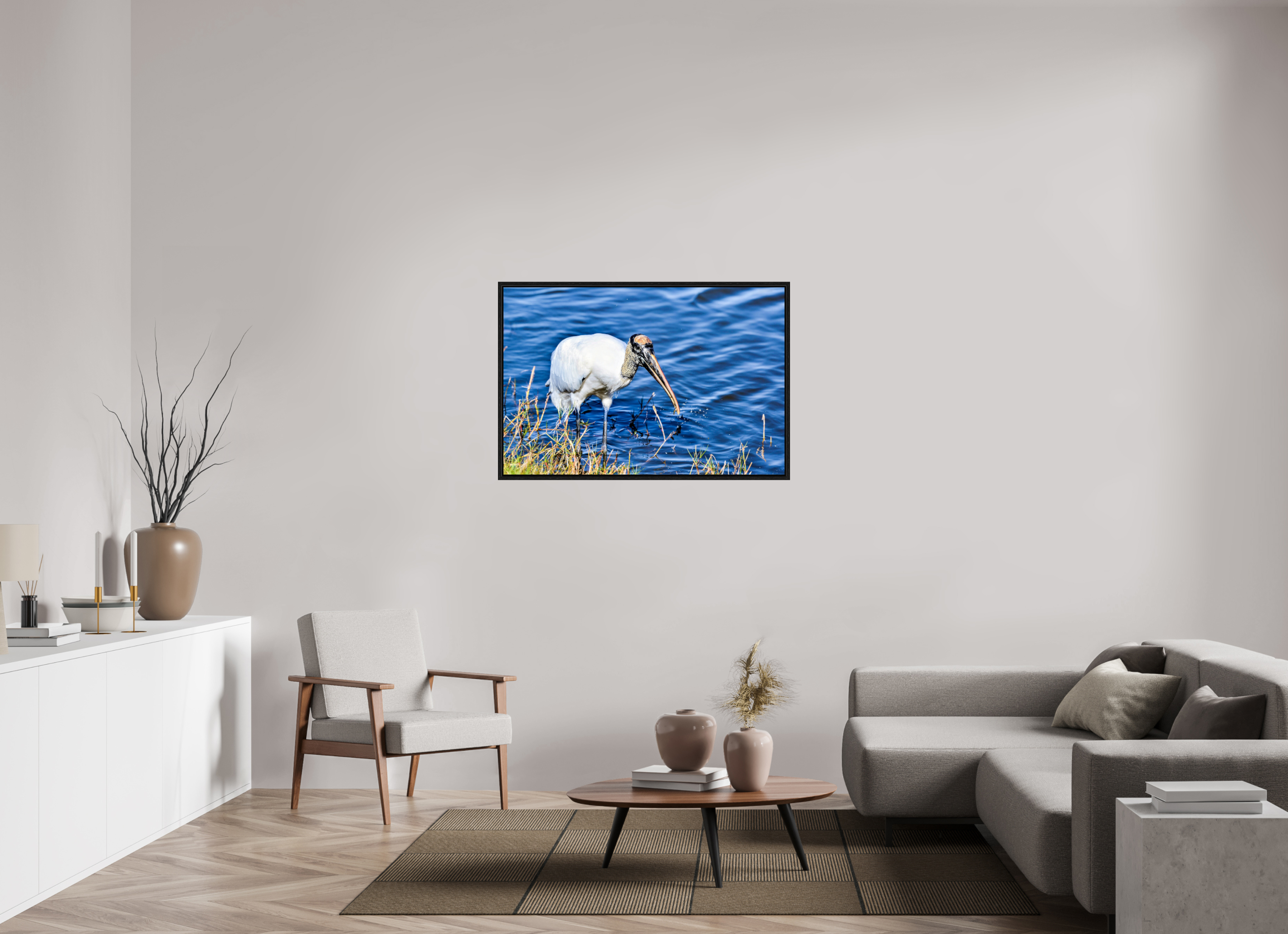 45 x 30″, Floater Frame, Basel 0.6", Black Oak, Glossy Acrylic Glass The Morning Catch: Wood Stork in Action