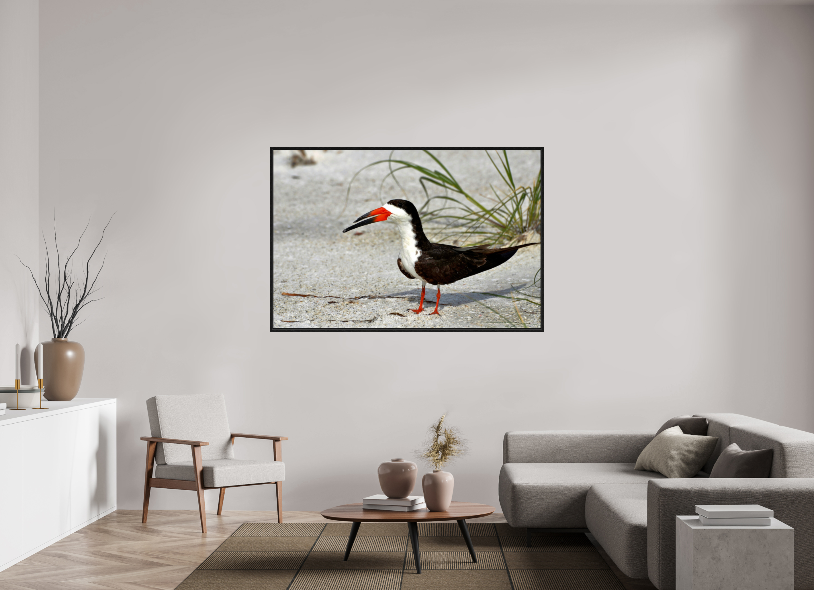 66 x 44″, Floater Frame, Basel 0.6", Black Oak, Glossy Acrylic Glass Sand & Black Skimmer