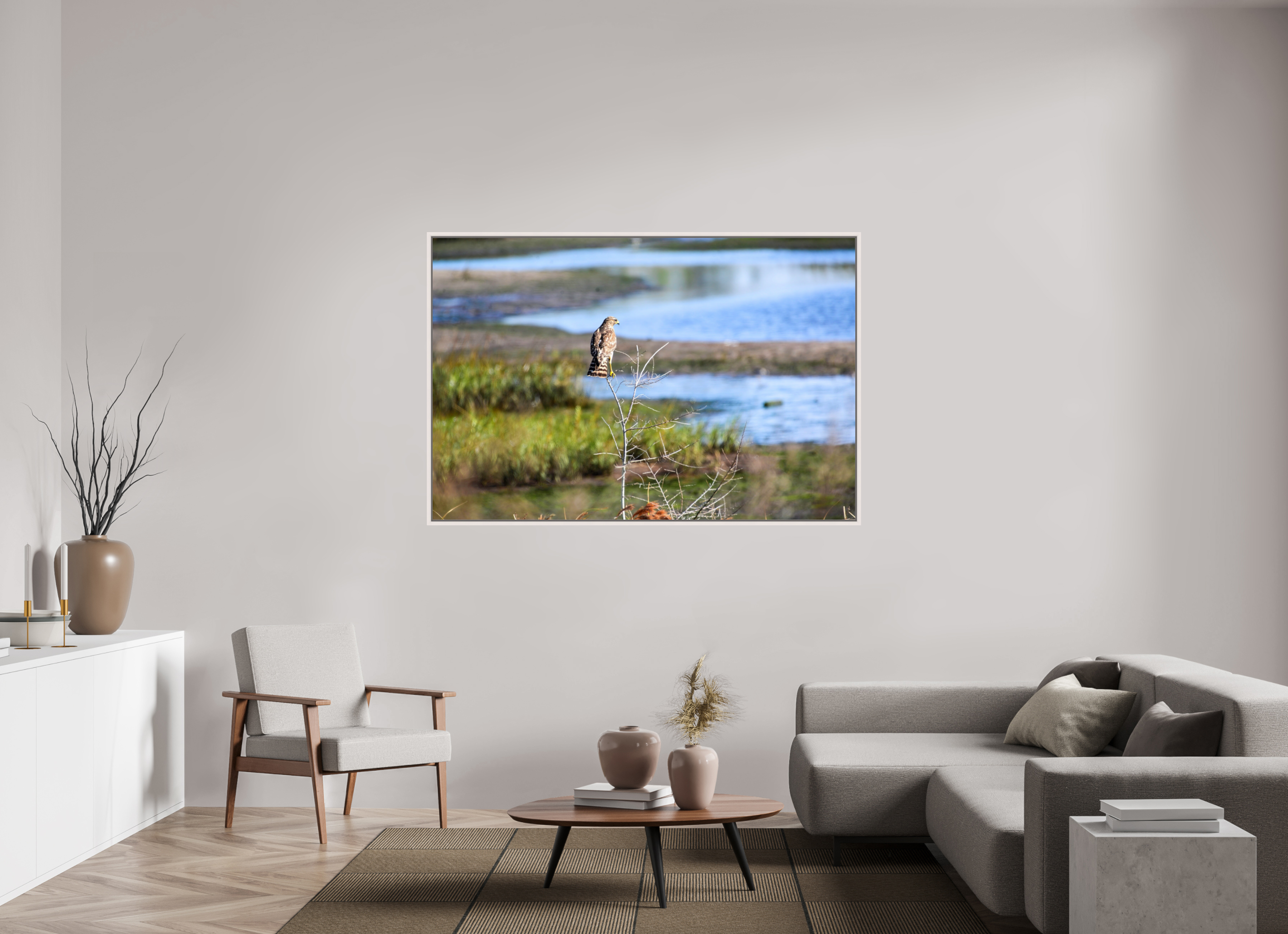 66 x 44″, Floater Frame, Basel 0.6", Maple White, Glossy Acrylic Glass Guardian of the Marsh