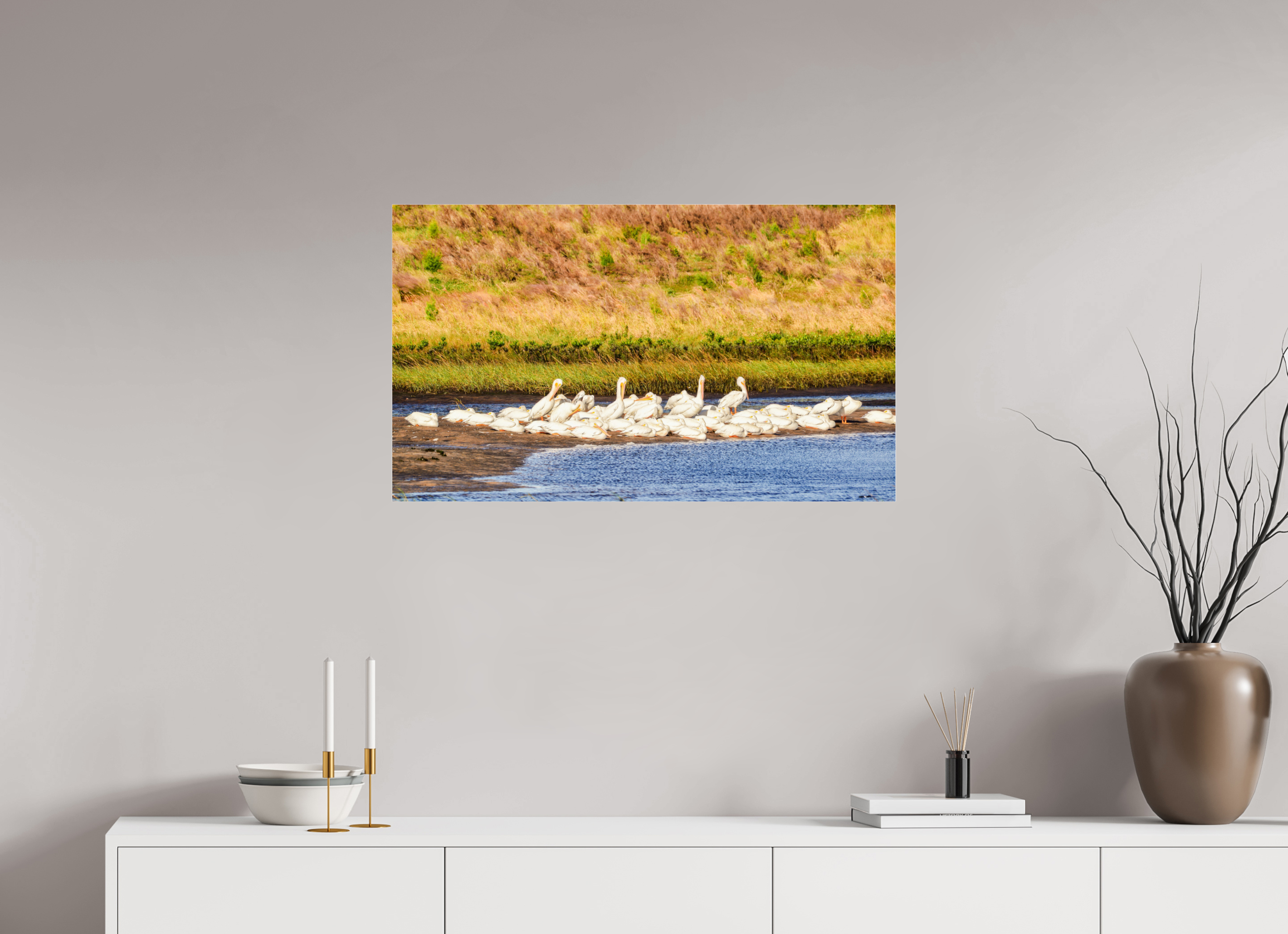 33.9 x 20″, Metallic Photo Print Under Acrylic Glass White Pelicans Golden Hour Gathering