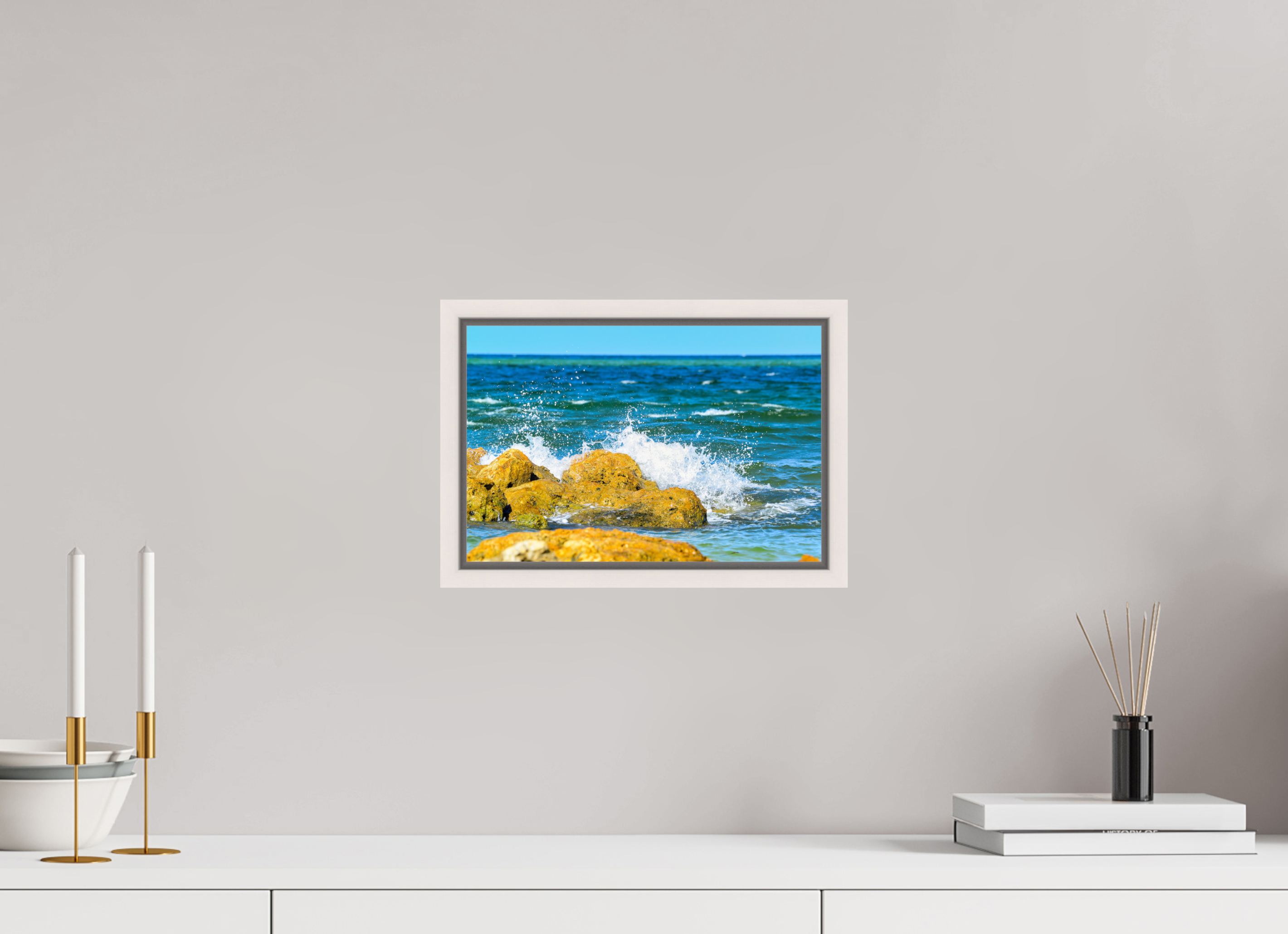 12 x 8″, Floater Frame, Basel 0.6", Maple White, Glossy Acrylic Glass The Ocean’s Impact