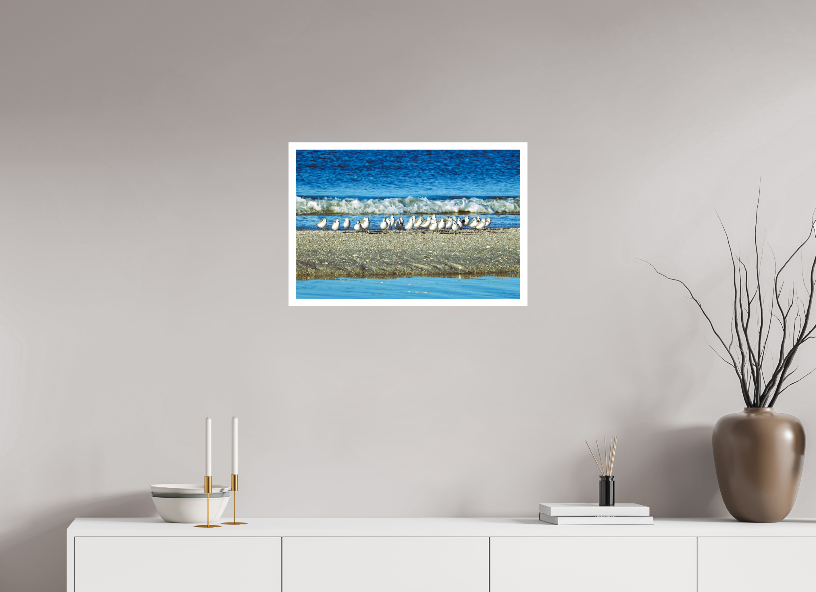 24 x 16″, Hahnemühle FineArt Pearl Print, .79" white border Sanderlings on Standby
