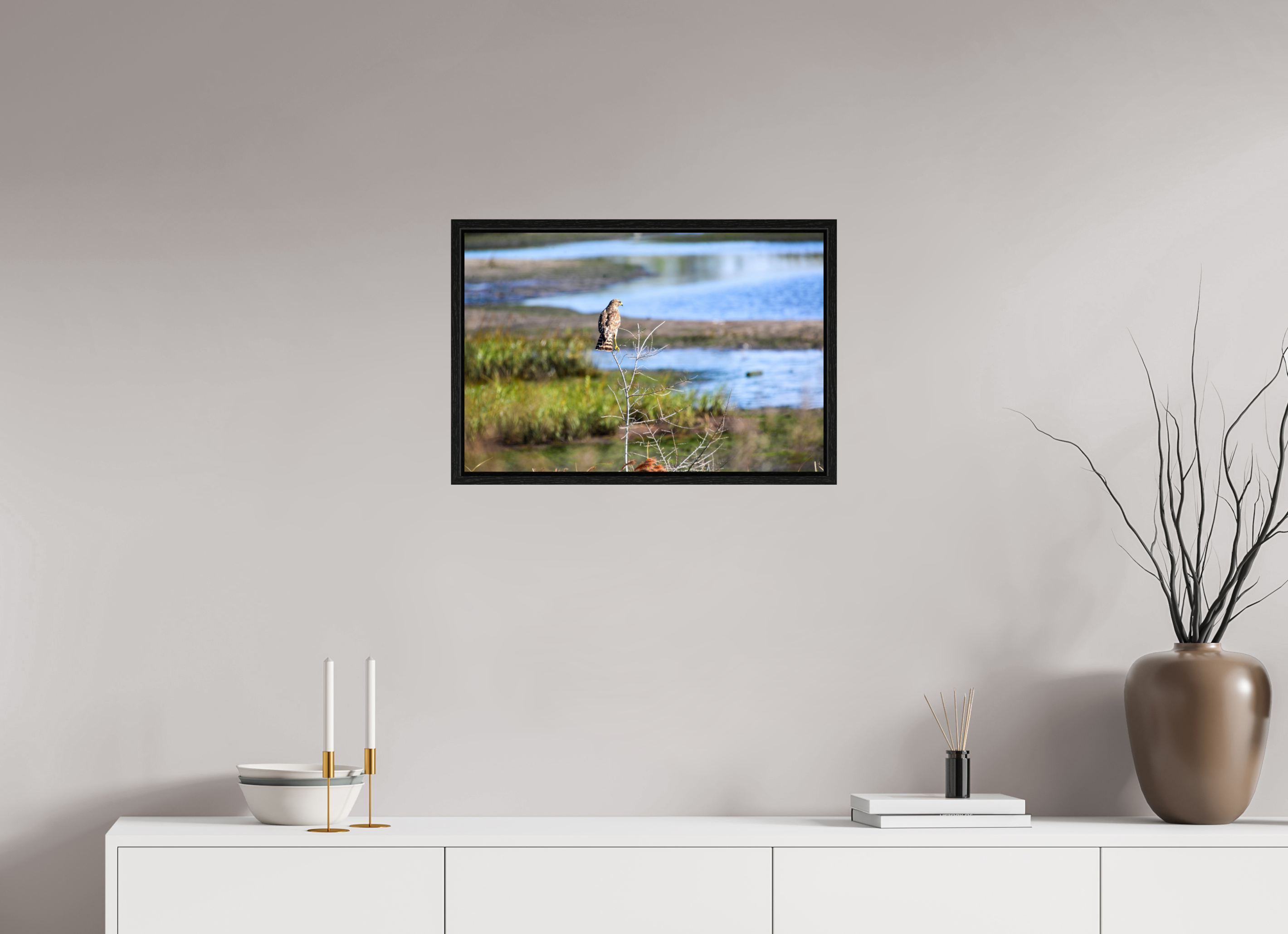 24 x 16″, Floater Frame, Basel 0.6", Black Oak, Glossy Acrylic Glass Guardian of the Marsh