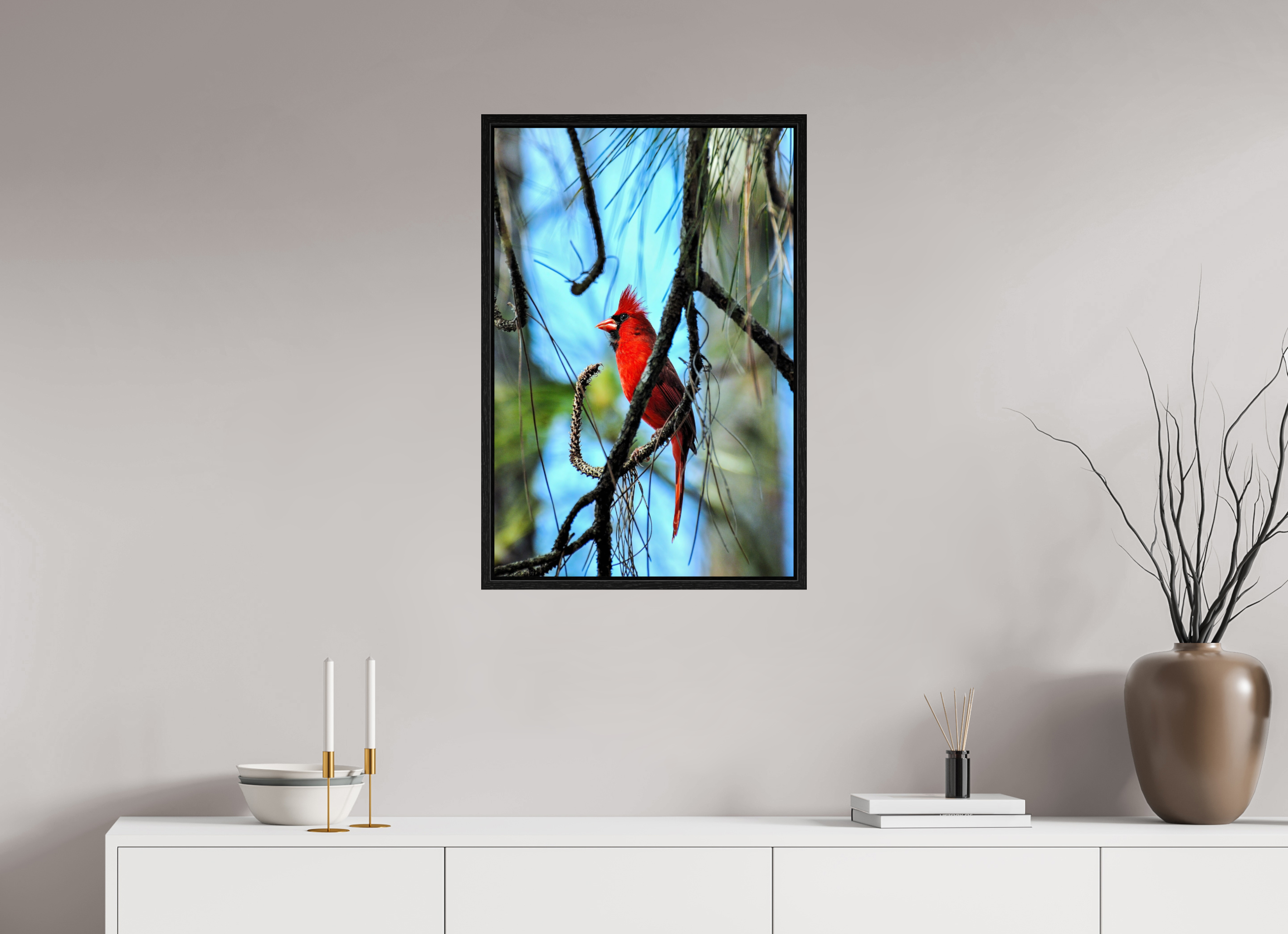 20 x 30″, Floater Frame, Basel 0.6", Black Oak, Glossy Acrylic Glass The Corkscrew Cardinal