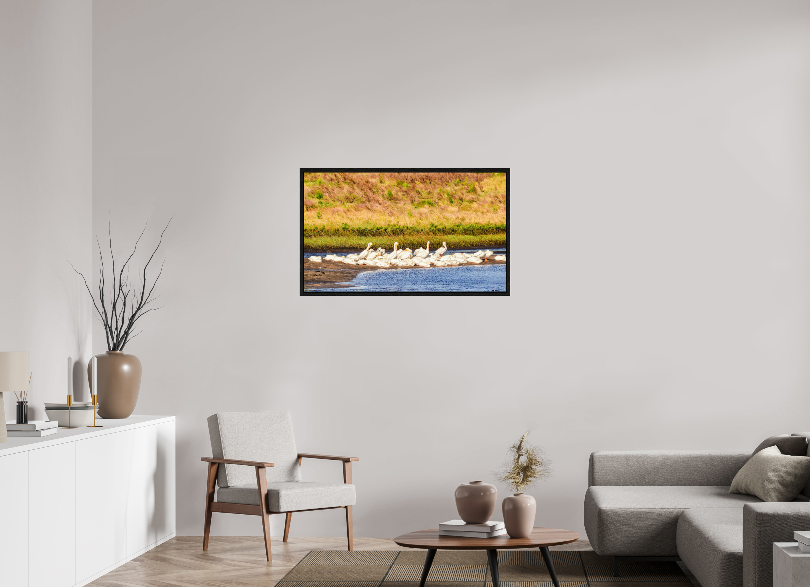 40.7 x 24″, Floater Frame White Pelicans Golden Hour Gathering