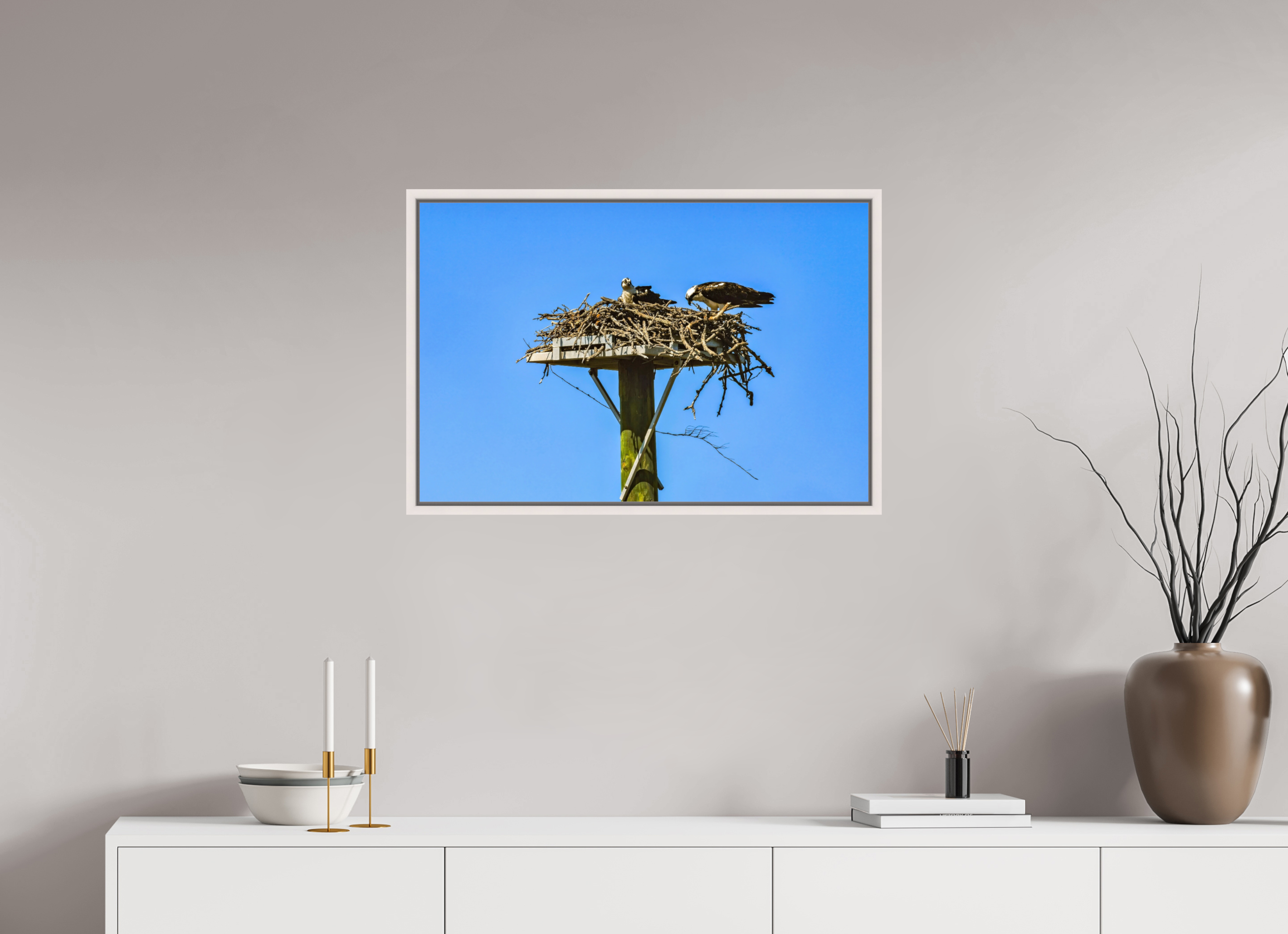 30 x 20″, Floater Frame, Basel 0.6", Maple White, Glossy Acrylic Glass Osprey Outlook