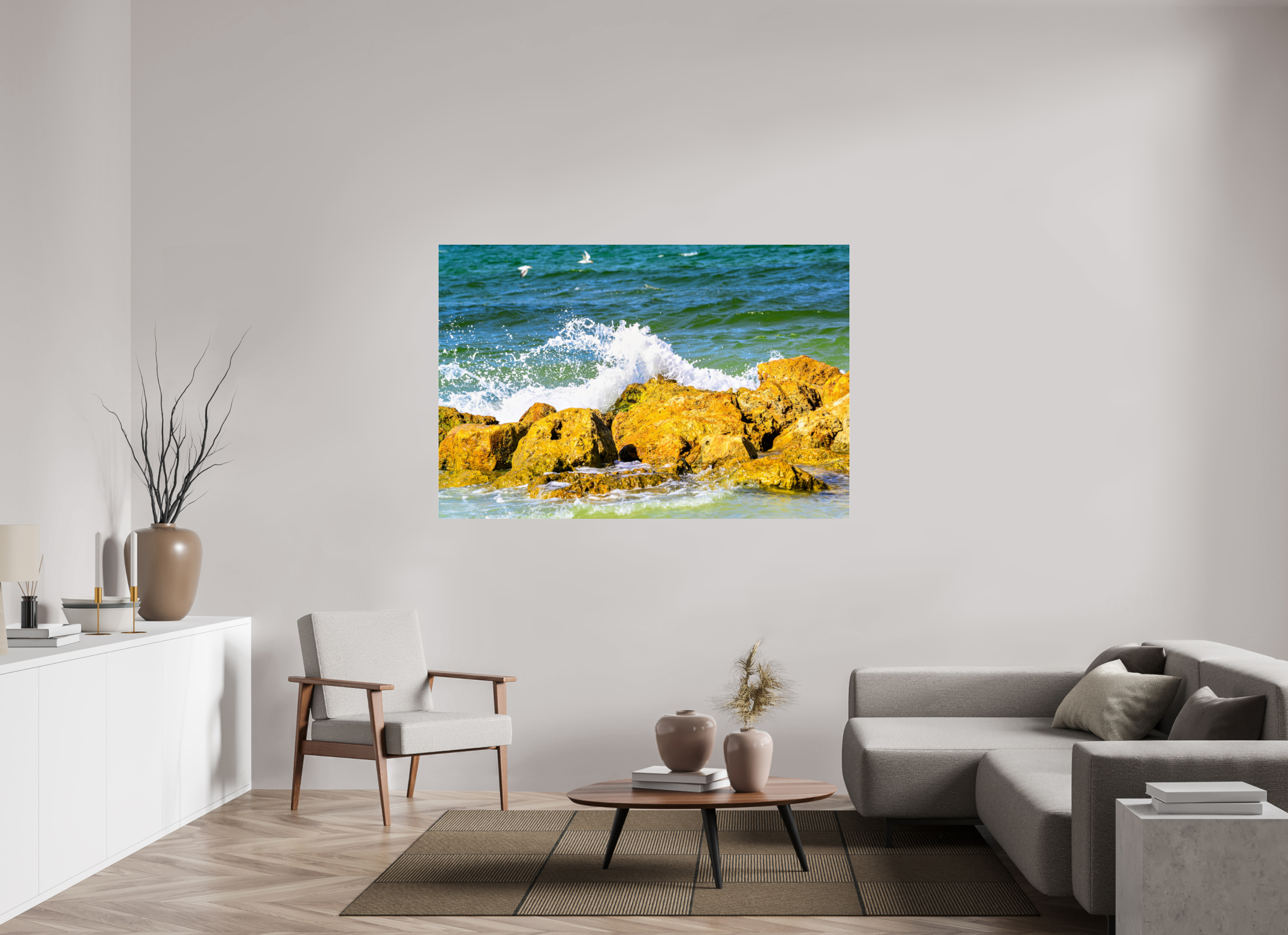 66 x 44″, Metallic Photo Print Under Acrylic Glass Waves Breaking