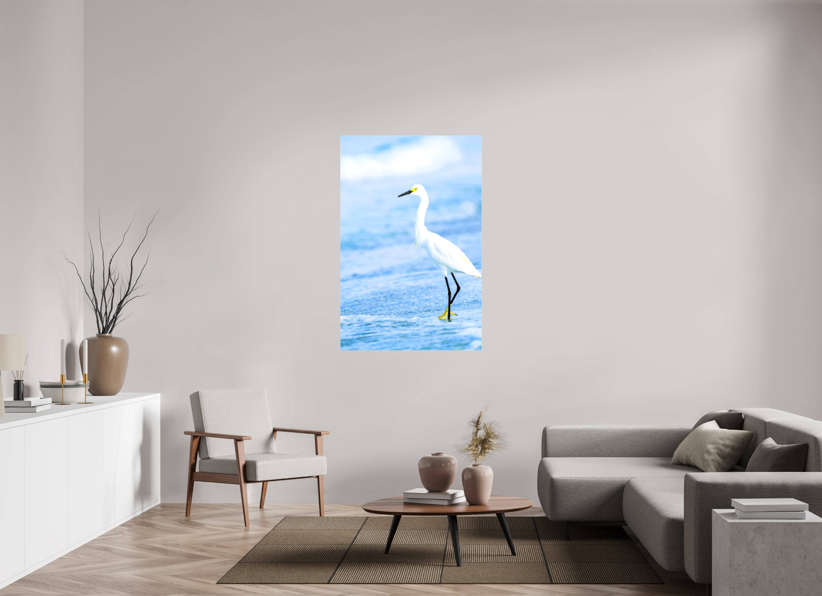 35 x 53.4″, Glossy Canvas on Stretcher Frame, 1,57" Wrapped Snowy Egret in Azure