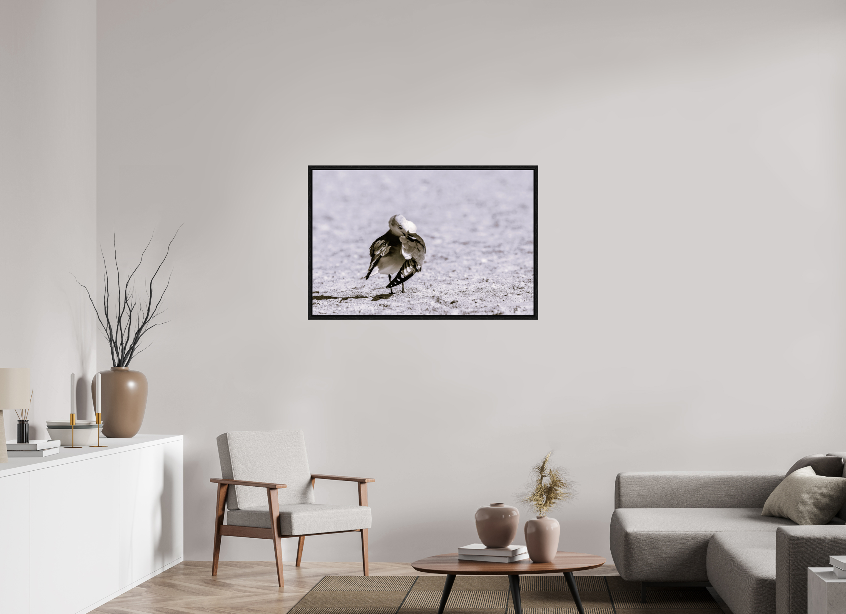 42.7 x 28″, Floater Frame A Monochrome Gull Preening