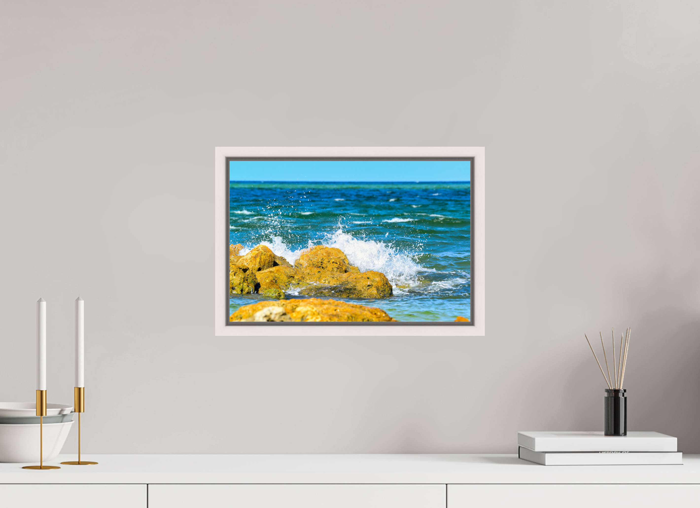 15 x 10″, Floater Frame, Basel 0.6", Maple White, Glossy Acrylic Glass The Ocean’s Impact