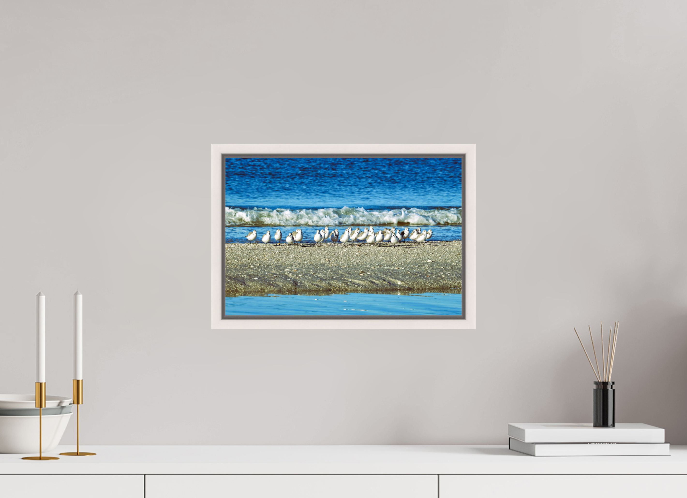 15 x 10″, Floater Frame, Basel 0.6", Maple White, Glossy Acrylic Glass Sanderlings on Standby