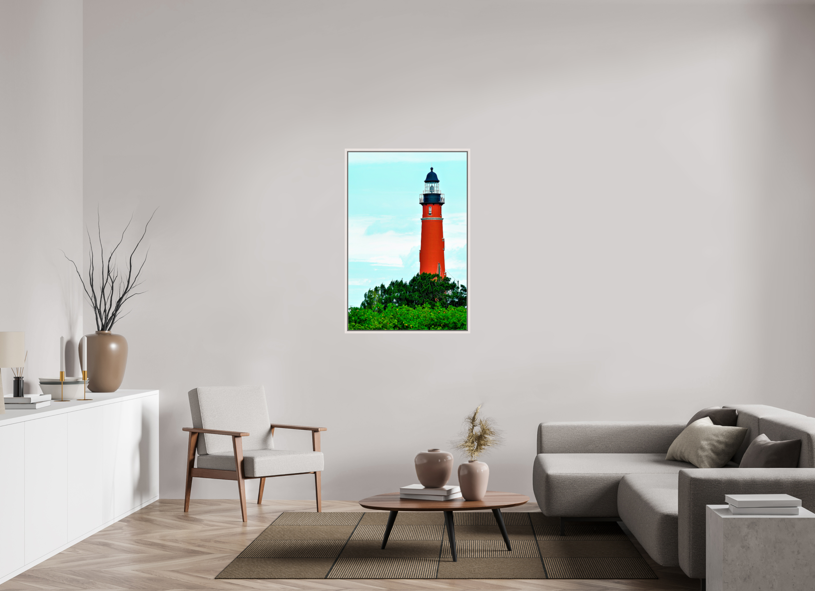 30 x 45″, Floater Frame, Basel 0.6", Maple White, Glossy Acrylic Glass Ponce de Leon Inlet Lighthouse