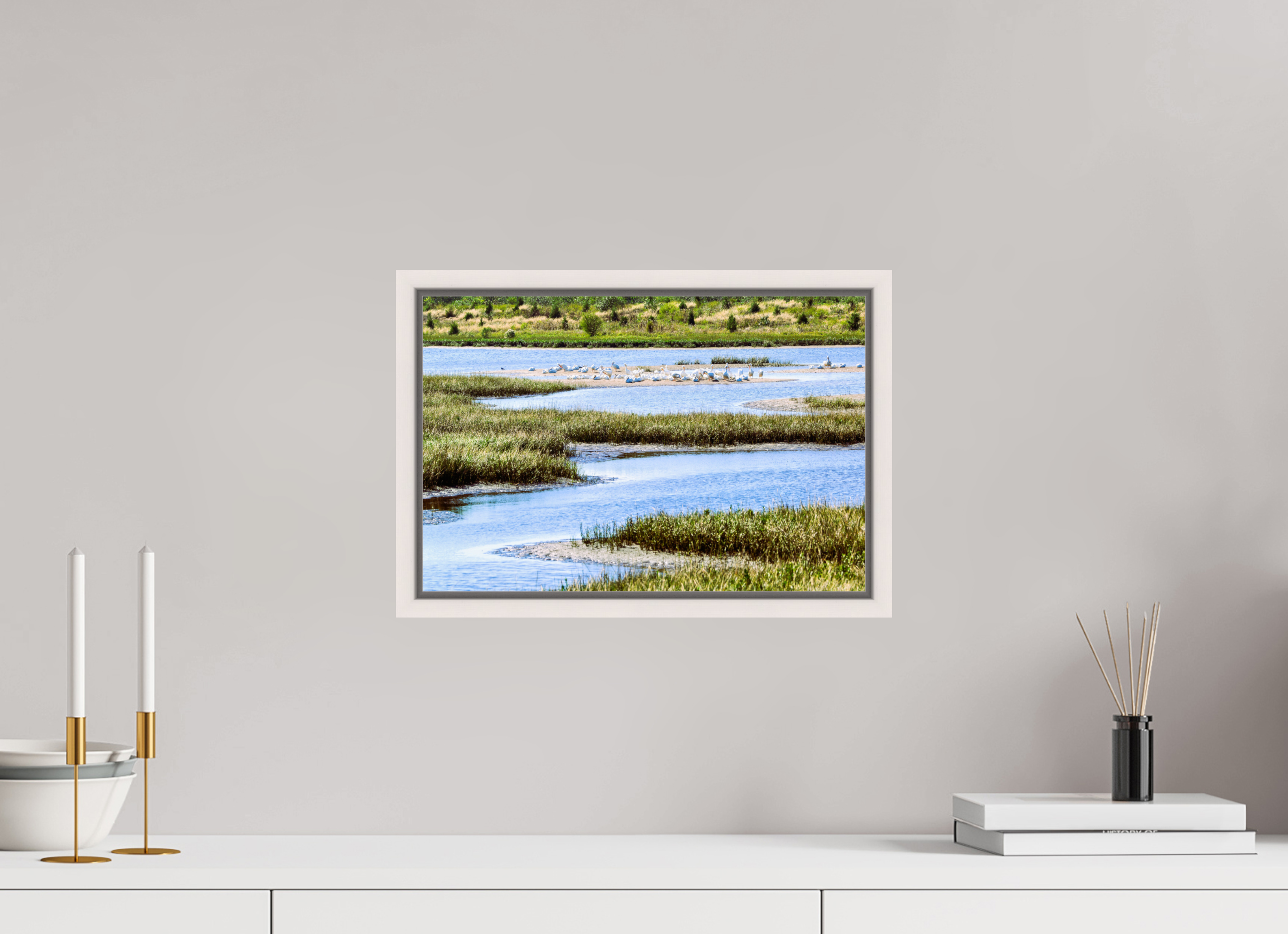 15 x 10″, Floater Frame, Basel 0.6", Maple White, Glossy Acrylic Glass Marshland Sanctuary