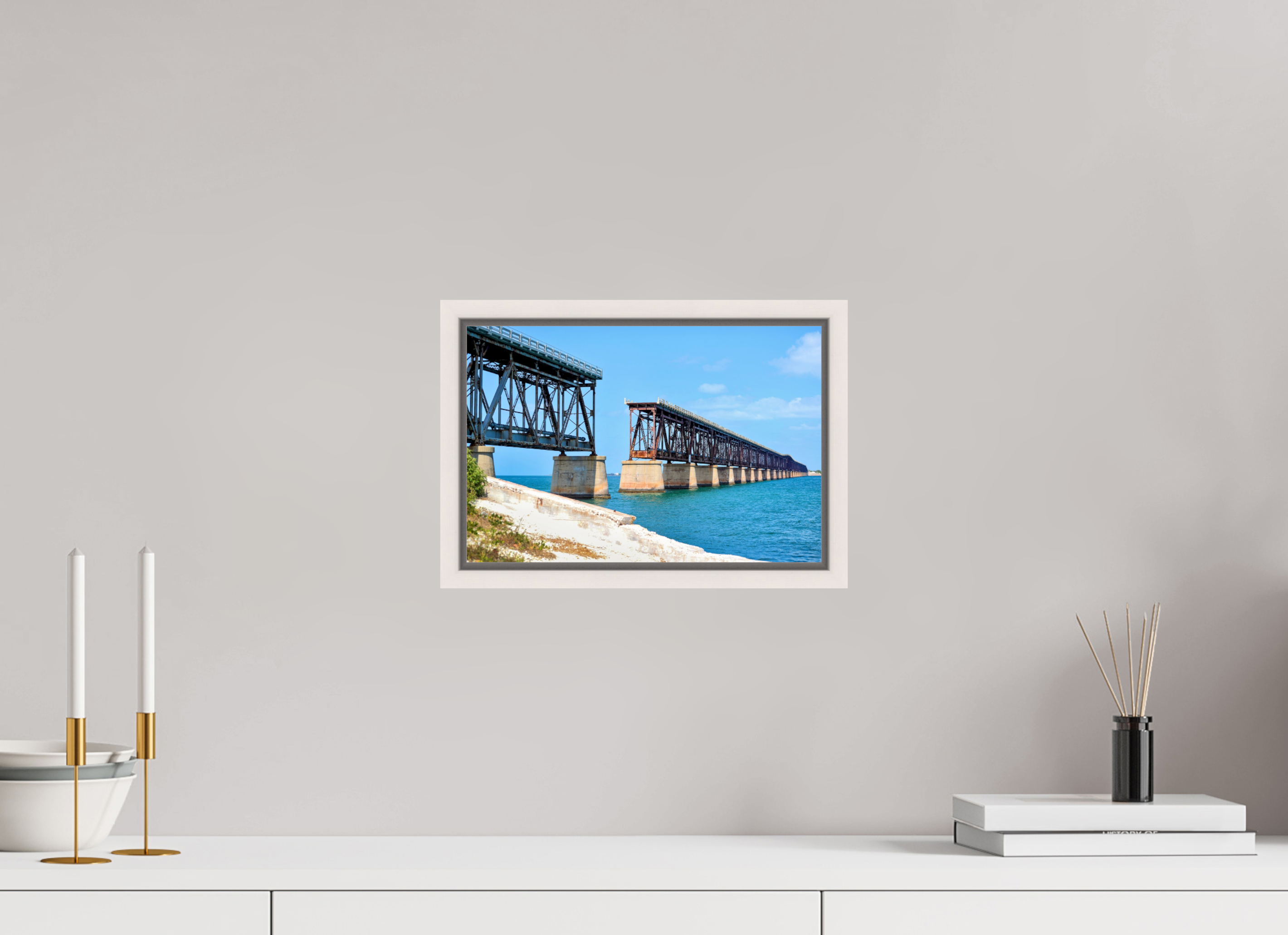 12 x 8″, Floater Frame, Basel 0.6", Maple White, Glossy Acrylic Glass Old Bahia Honda Bridge