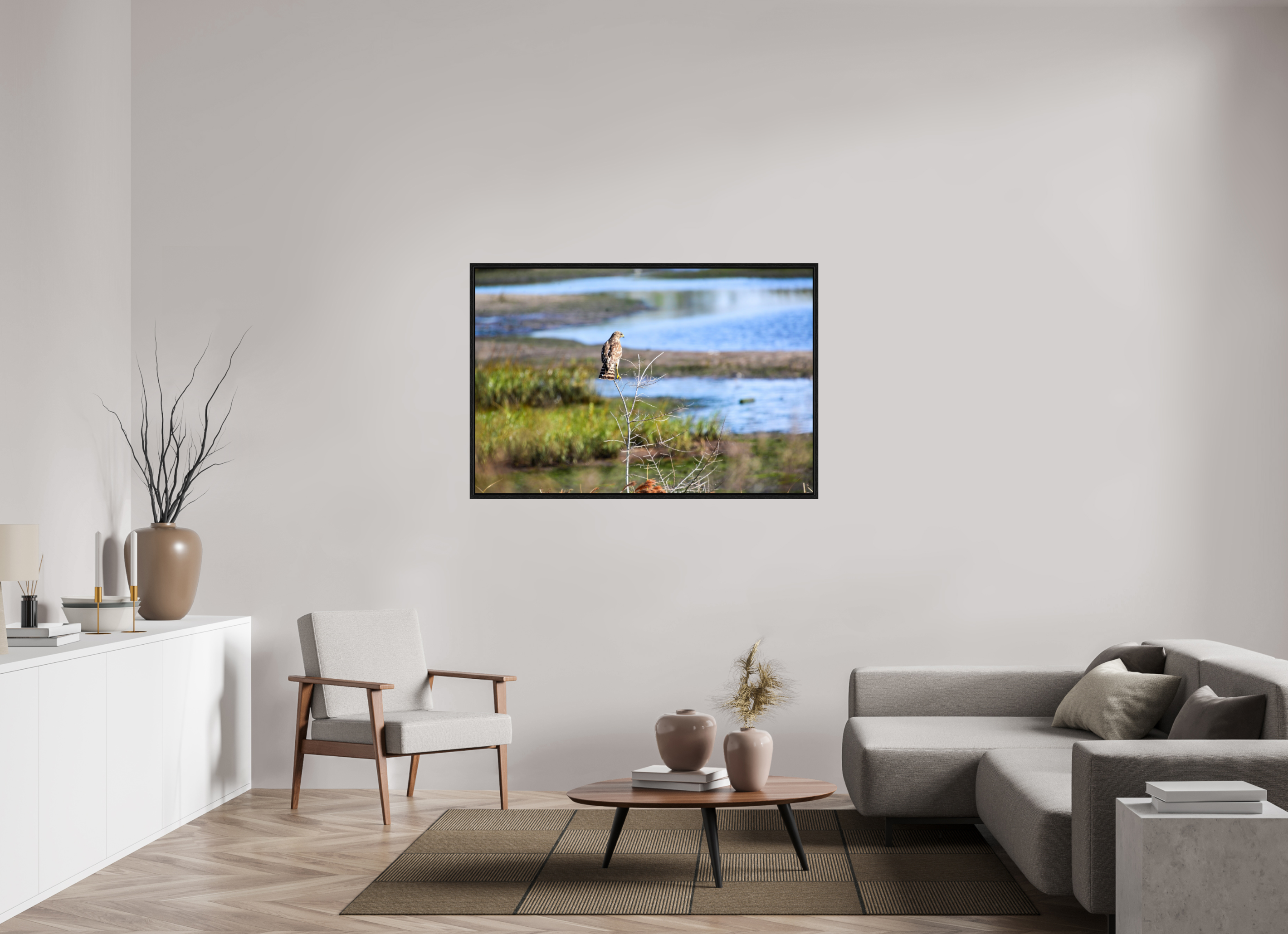 54 x 36″, Floater Frame, Basel 0.6", Black Oak, Glossy Acrylic Glass Guardian of the Marsh