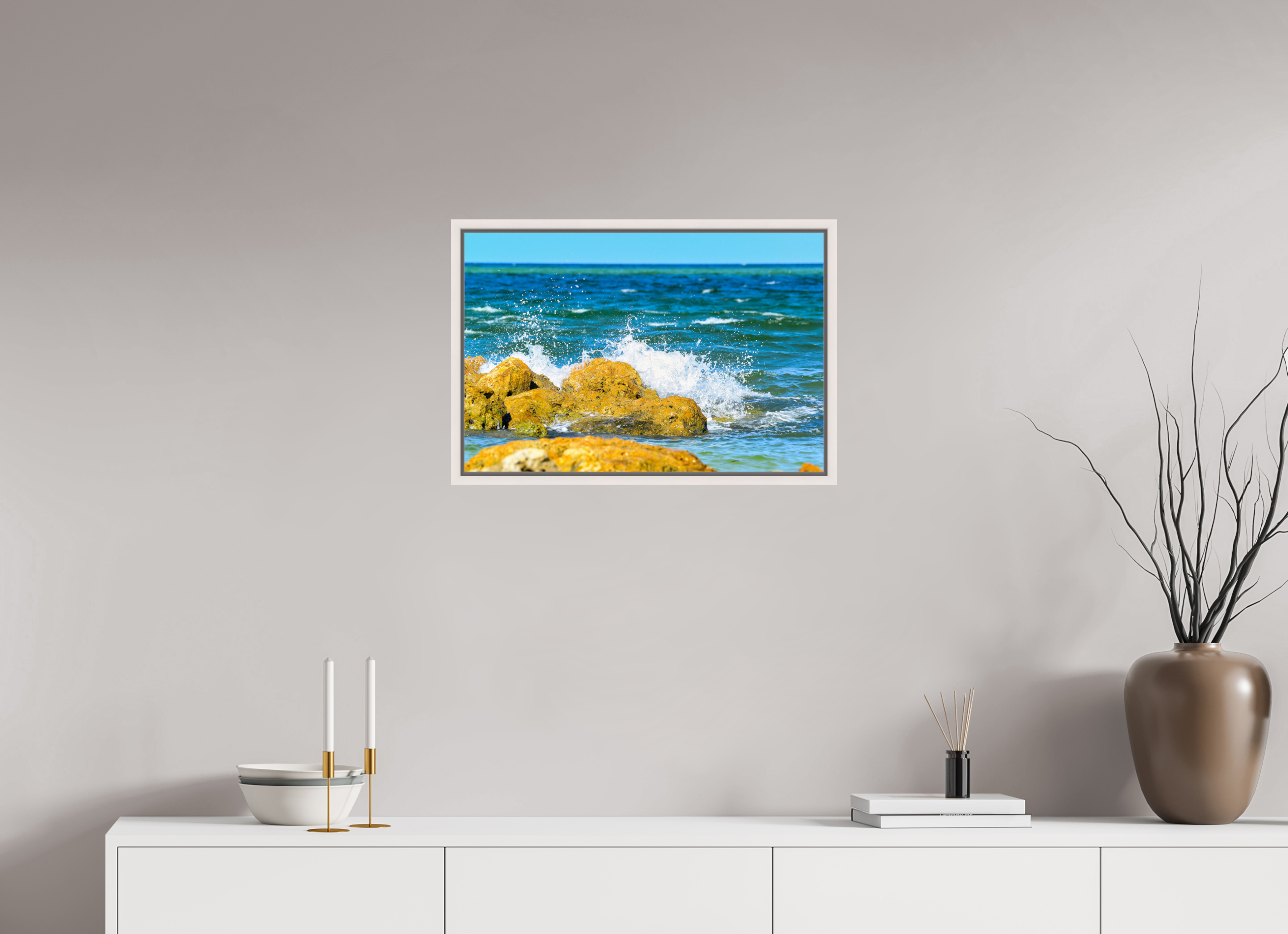 24 x 16″, Floater Frame, Basel 0.6", Maple White, Glossy Acrylic Glass The Ocean’s Impact