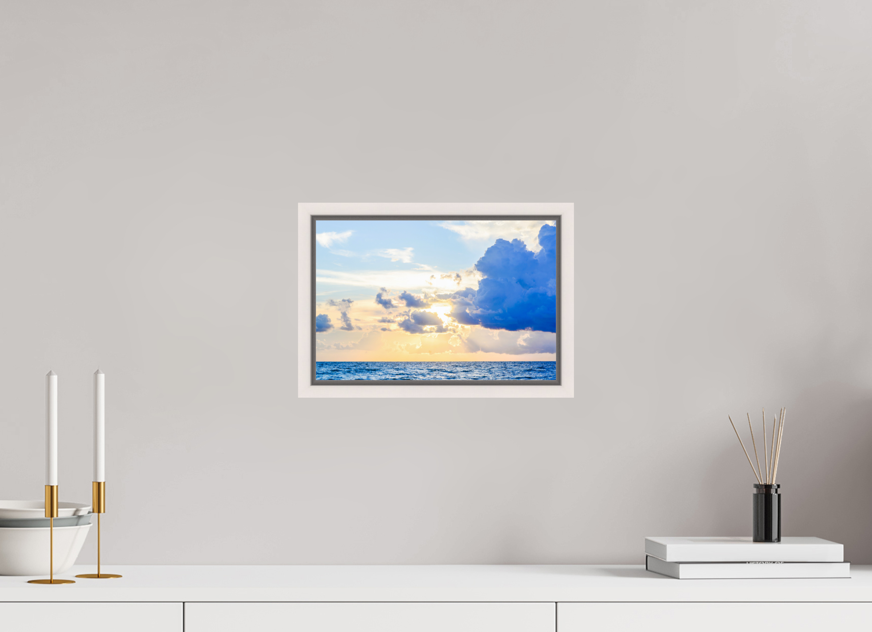 12 x 8″, Floater Frame, Basel 0.6", Maple White, Glossy Acrylic Glass Breaking Through The Clouds