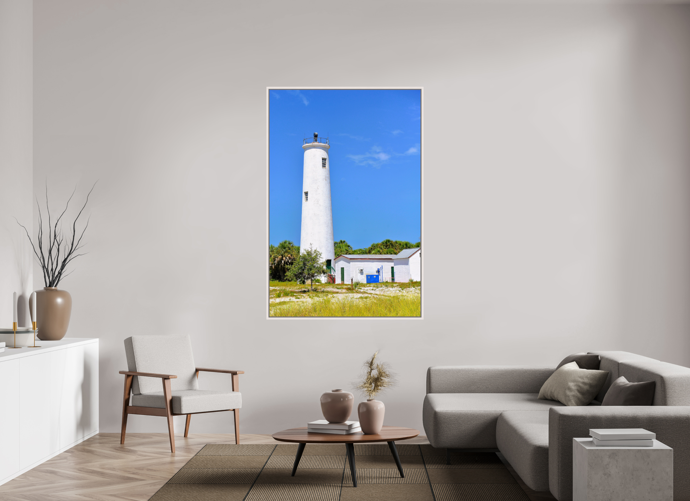 44 x 66″, Floater Frame, Basel 0.6", Maple White, Glossy Acrylic Glass Egmont Key Lighthouse