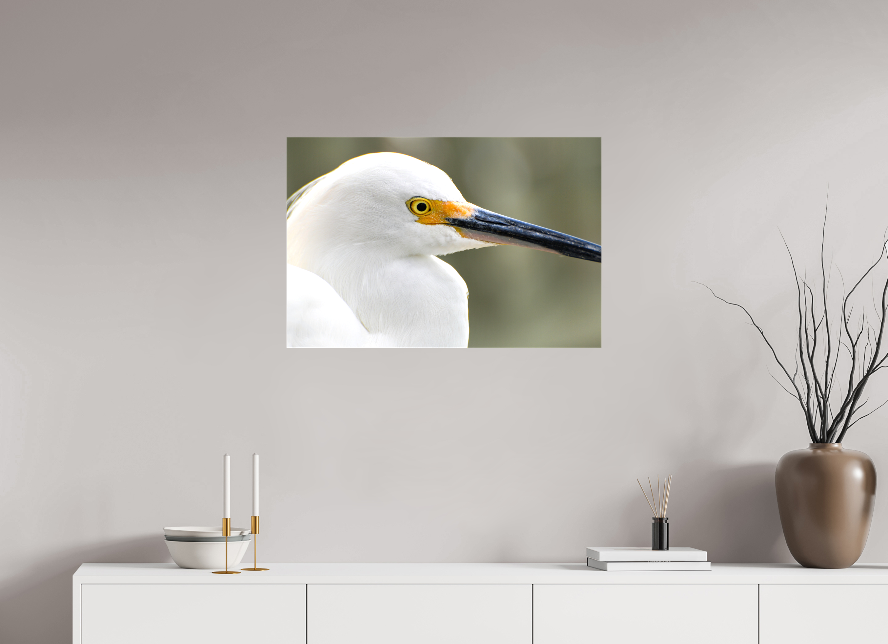 30 x 20″, Glossy Canvas on Stretcher Frame, 1,57" Wrapped The White Plume: Snowy Egret Portrait
