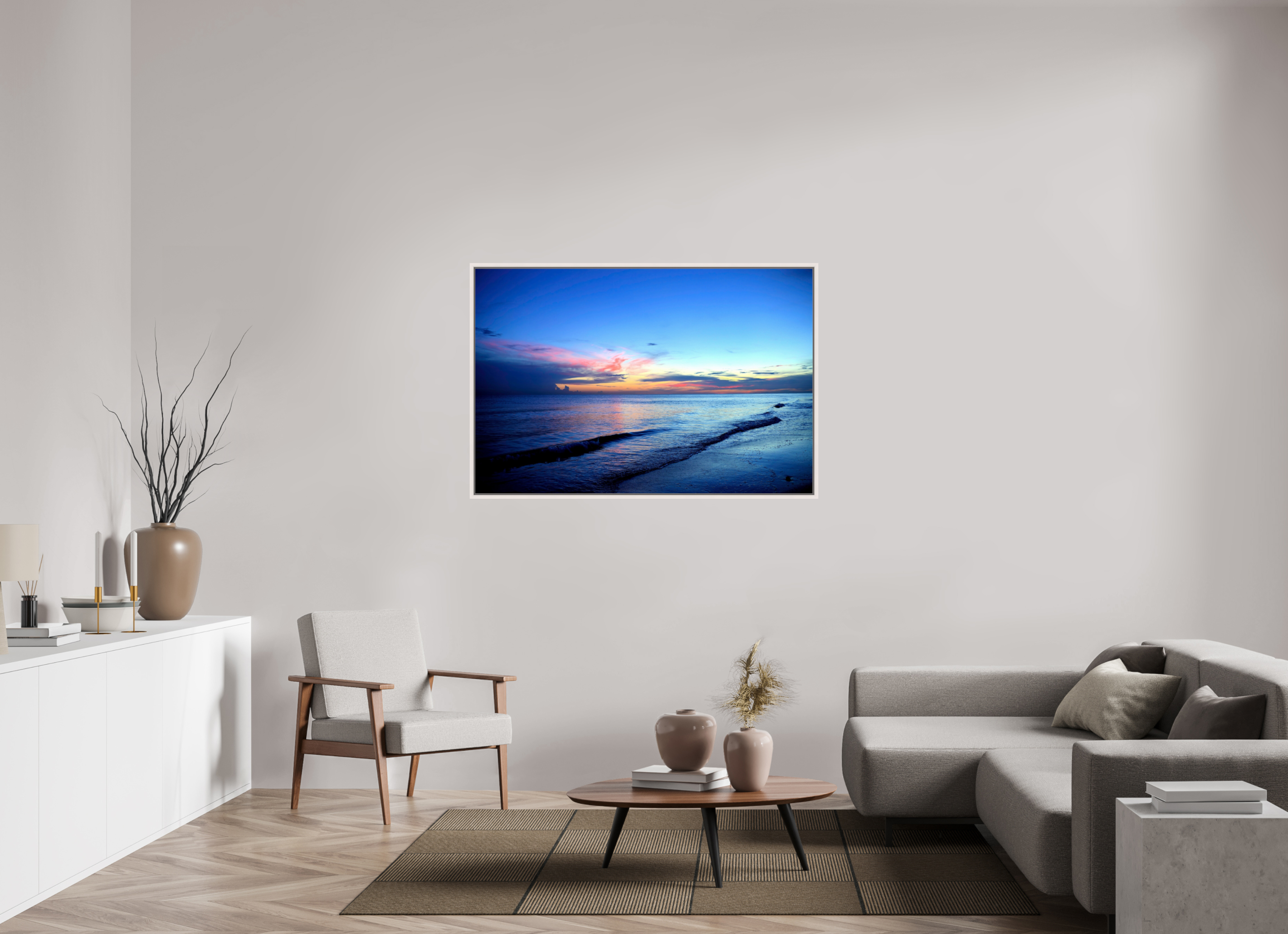 54 x 36″, Floater Frame, Basel 0.6", Maple White, Glossy Acrylic Glass Indigo Horizon