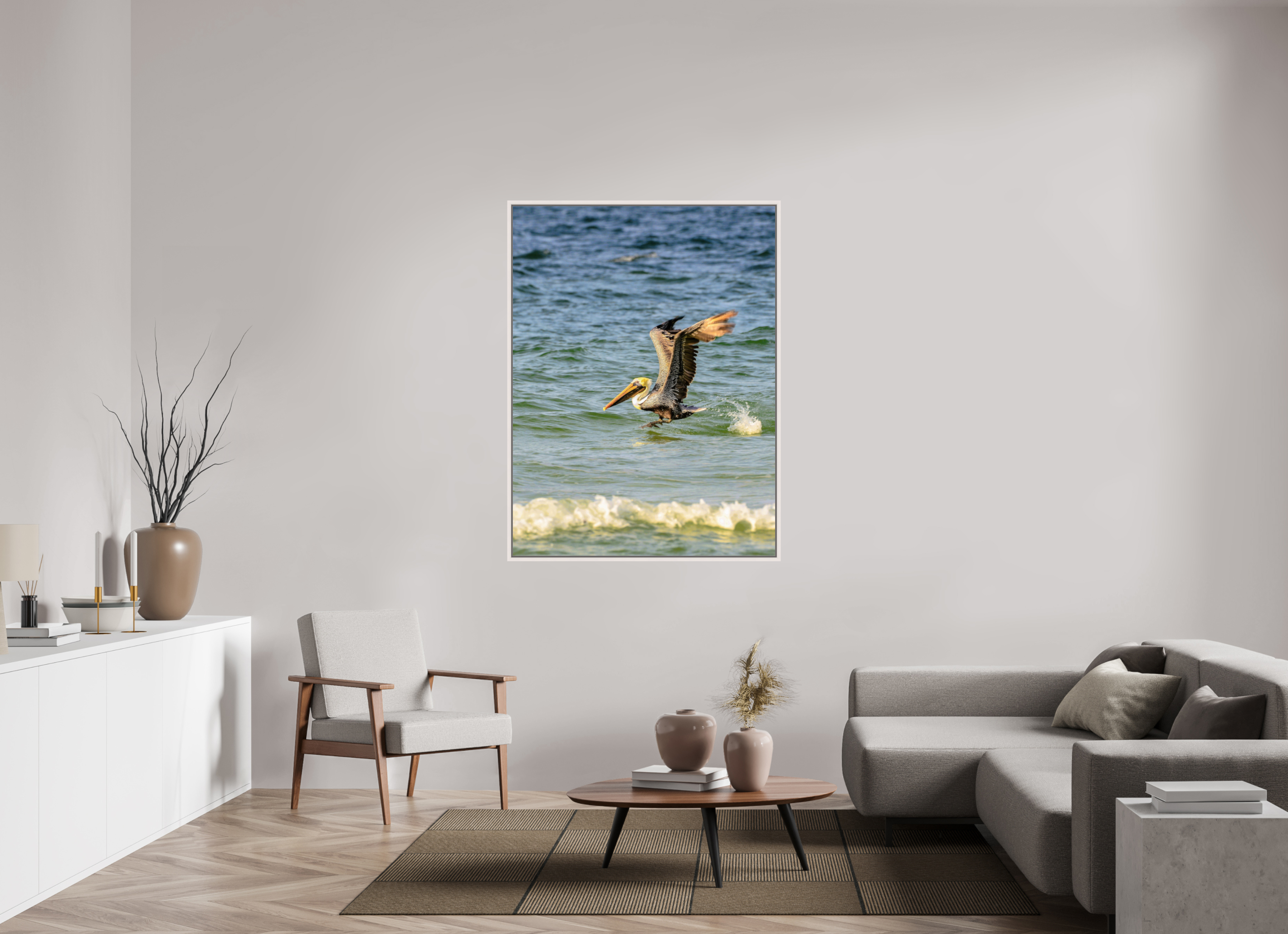 42 x 56″, Floater Frame, Basel 0.6", Maple White, Glossy Acrylic Glass Pelican in Flight
