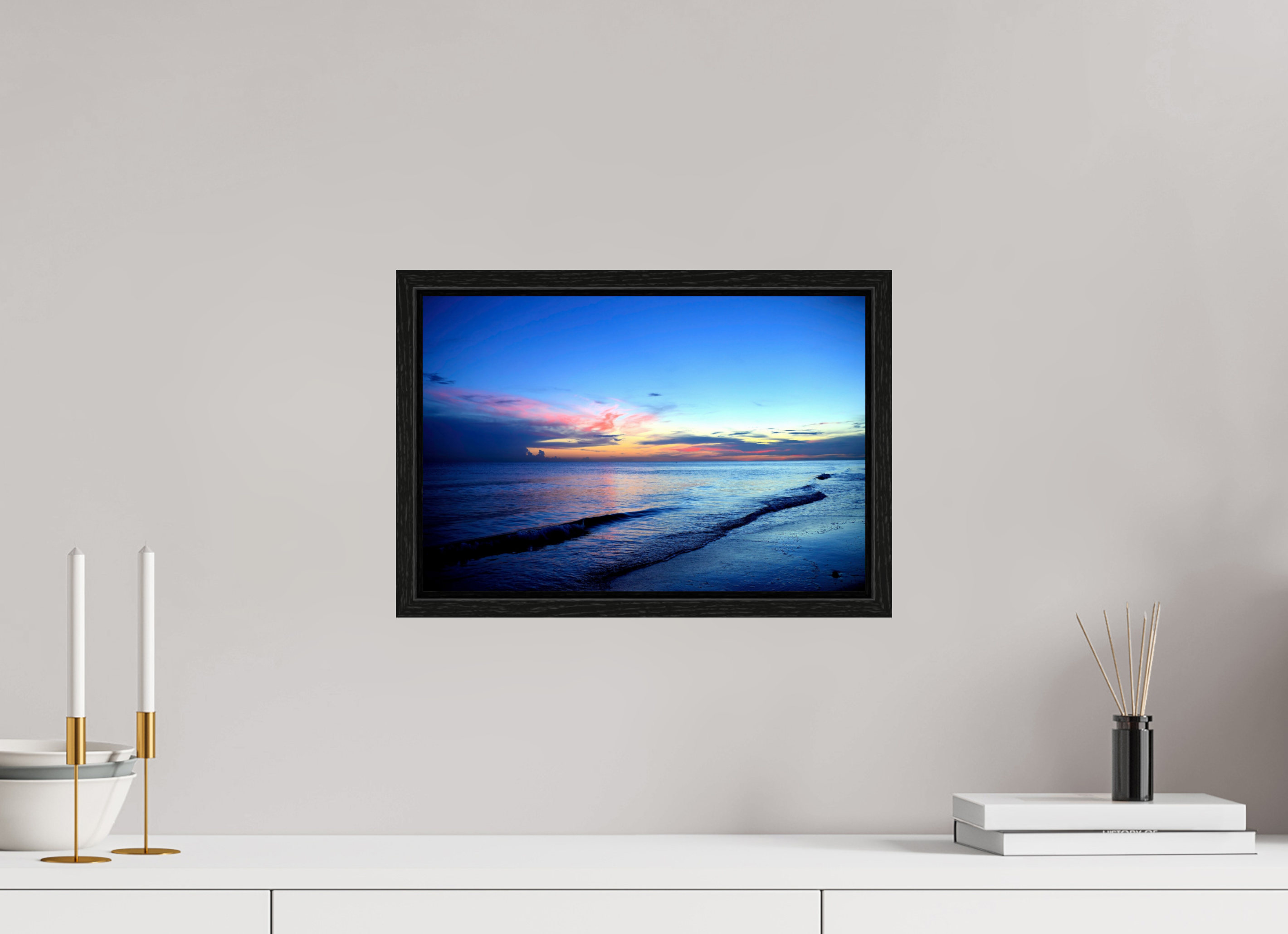 15 x 10″, Floater Frame, Basel 0.6", Black Oak, Glossy Acrylic Glass Indigo Horizon