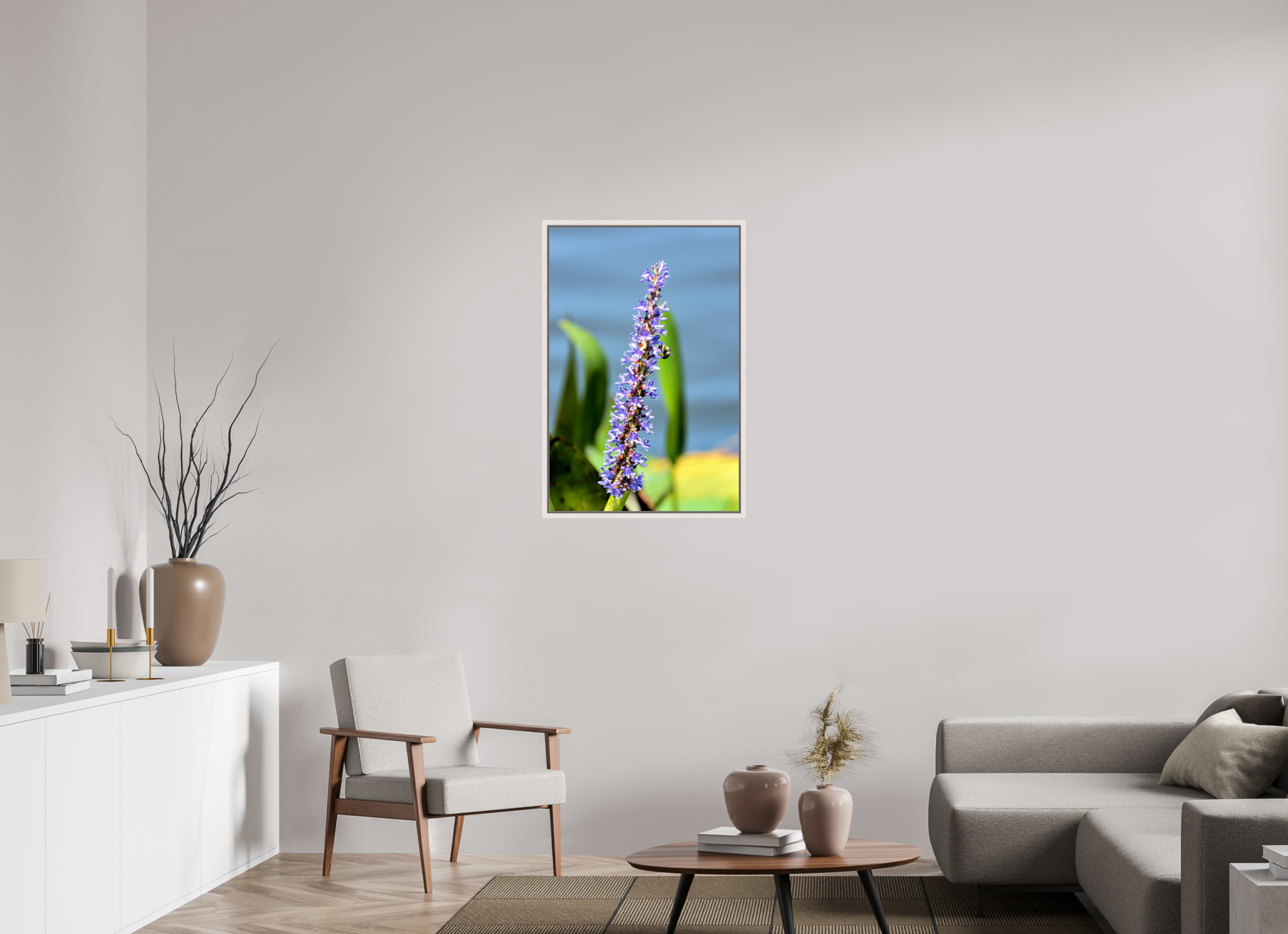 24 x 36″, Floater Frame, Basel 0.6", Maple White, Glossy Acrylic Glass Bloom & Buzz