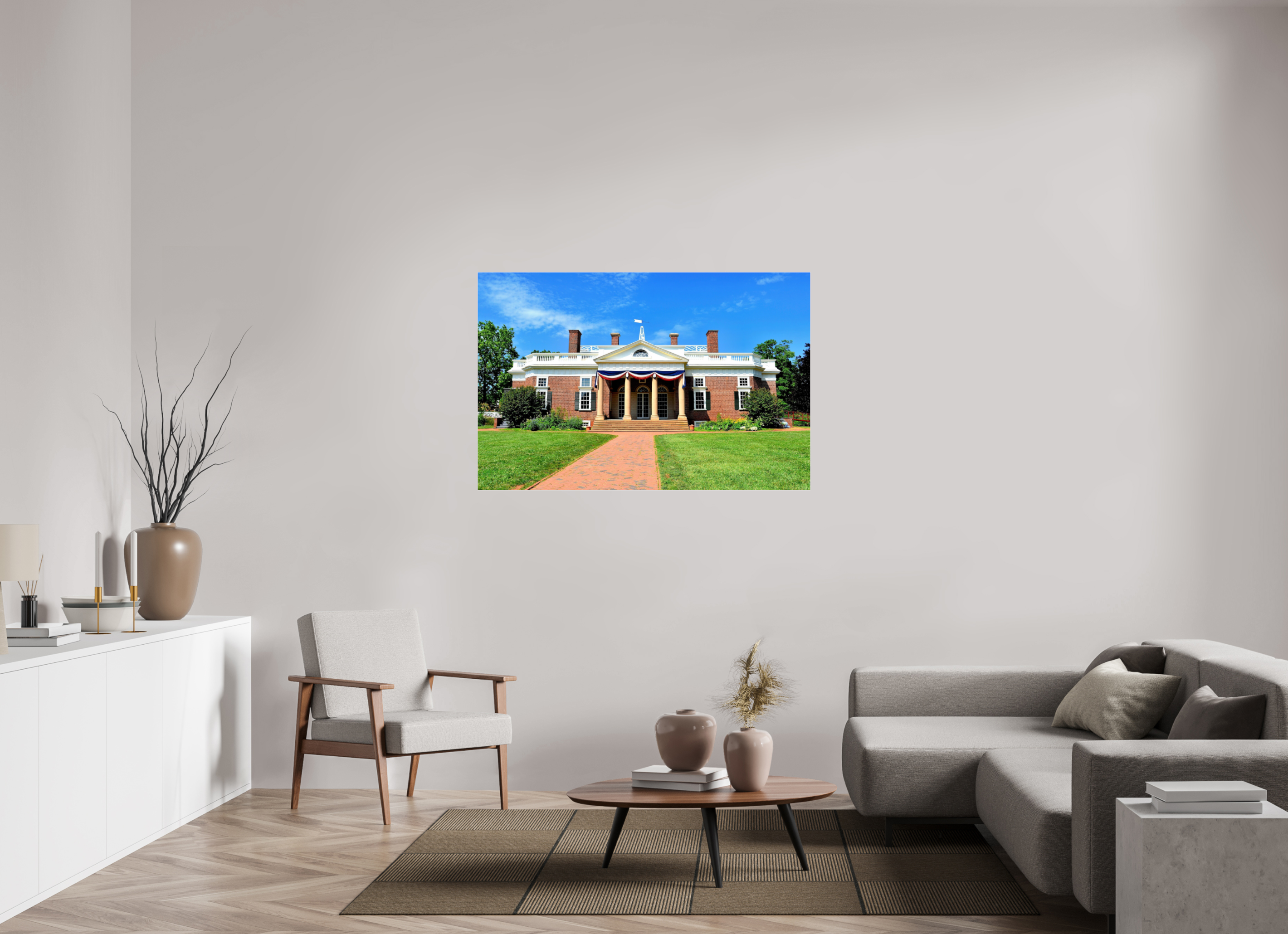 53.4 x 35″, Metallic Photo Print Under Acrylic Glass Jefferson’s Masterpiece: Monticello at Midday