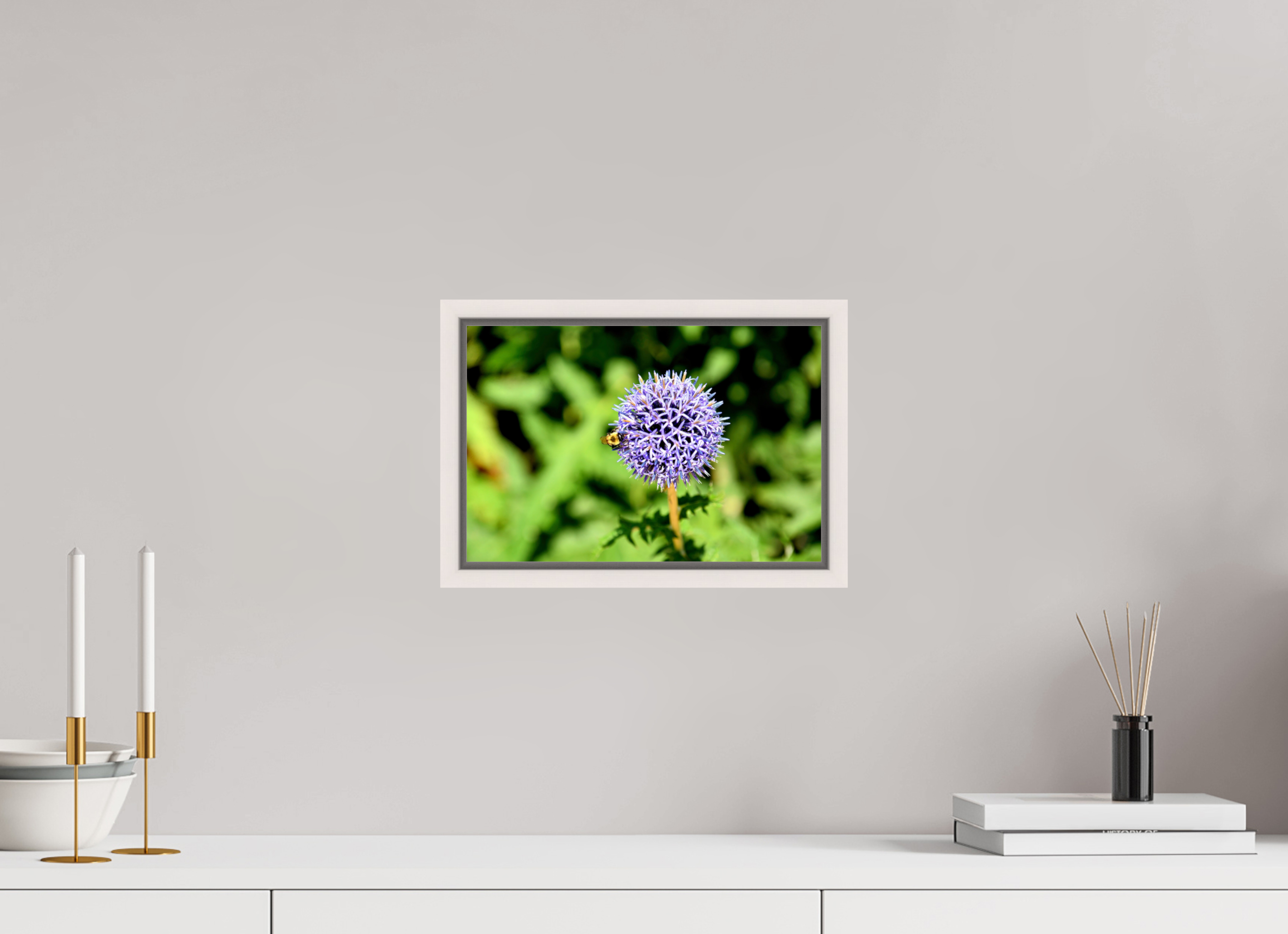 12 x 8″, Floater Frame, Basel 0.6", Maple White, Glossy Acrylic Glass The Bee & The Globe Thistle (Echinops)