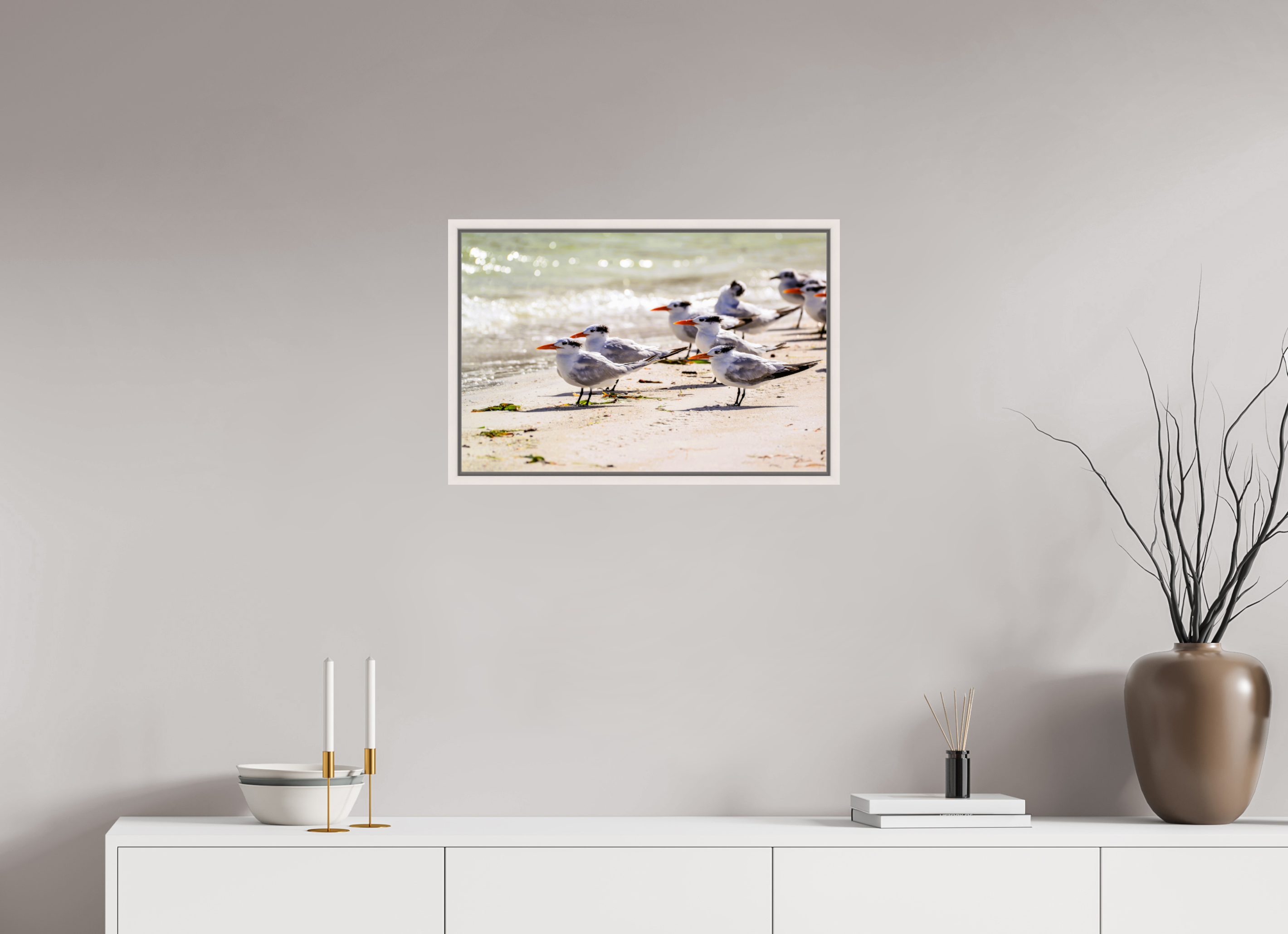 24.4 x 16″, Floater Frame, Basel 0.6", Maple White, Glossy Acrylic Glass Royal Gathering