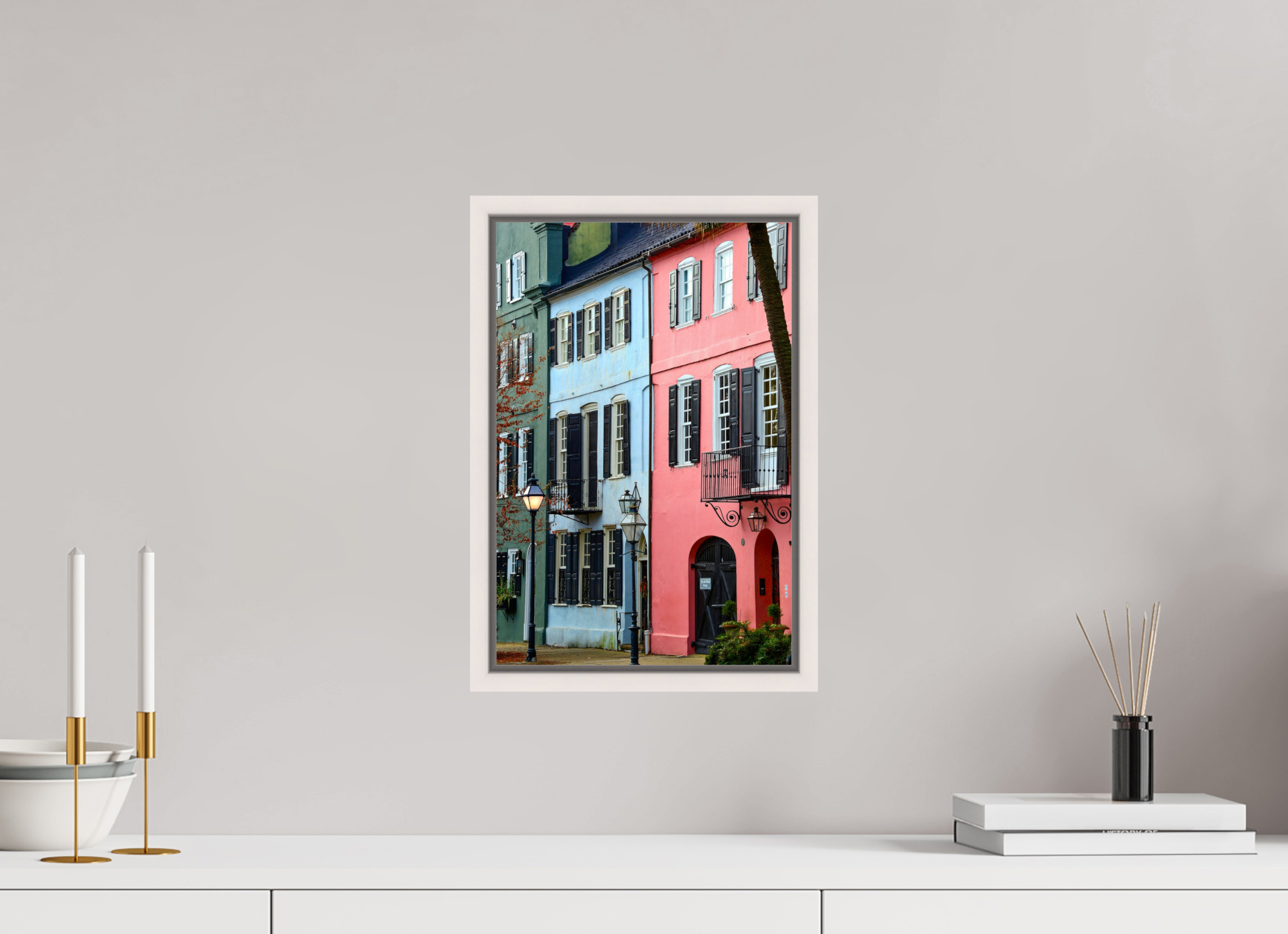 10 x 15″, Floater Frame, Basel 0.6", Maple White, Glossy Acrylic Glass Rainbow Row