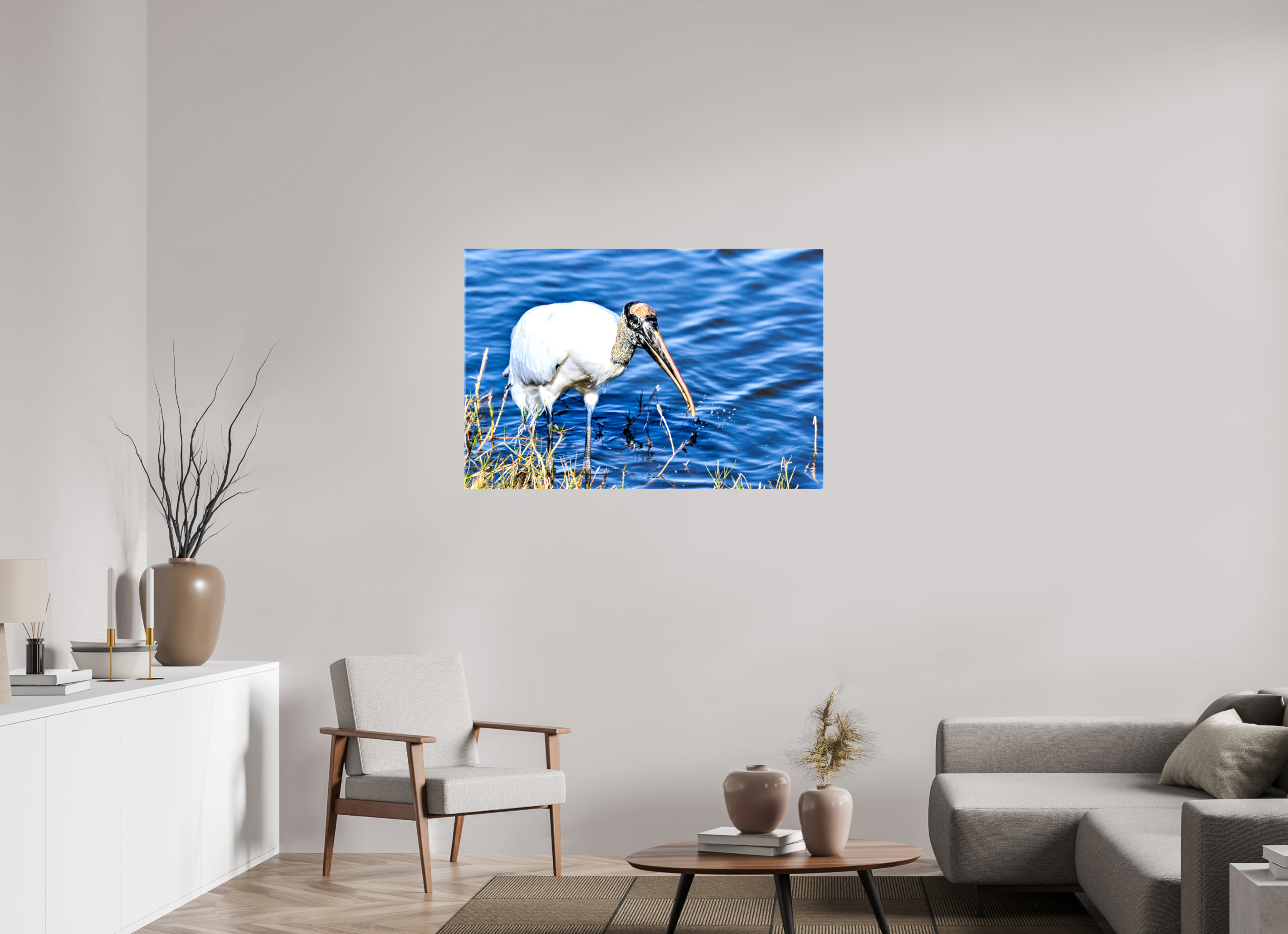 45 x 30″, Glossy Canvas on Stretcher Frame, 1,57" Wrapped The Morning Catch: Wood Stork in Action