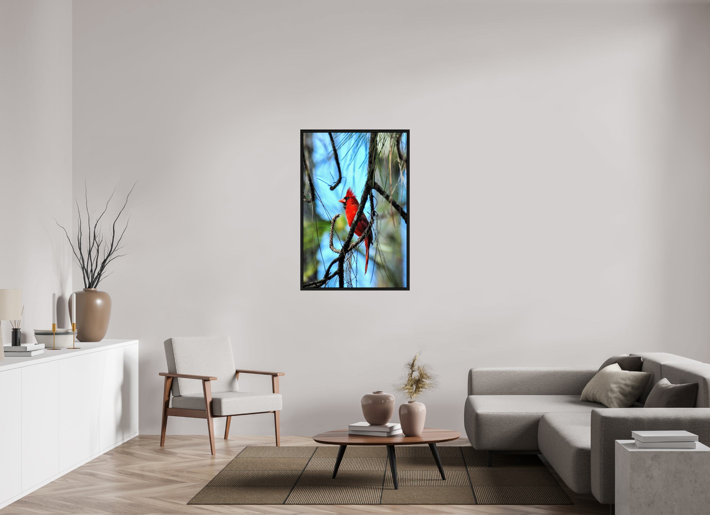30 x 45″, Floater Frame, Basel 0.6", Black Oak, Glossy Acrylic Glass The Corkscrew Cardinal