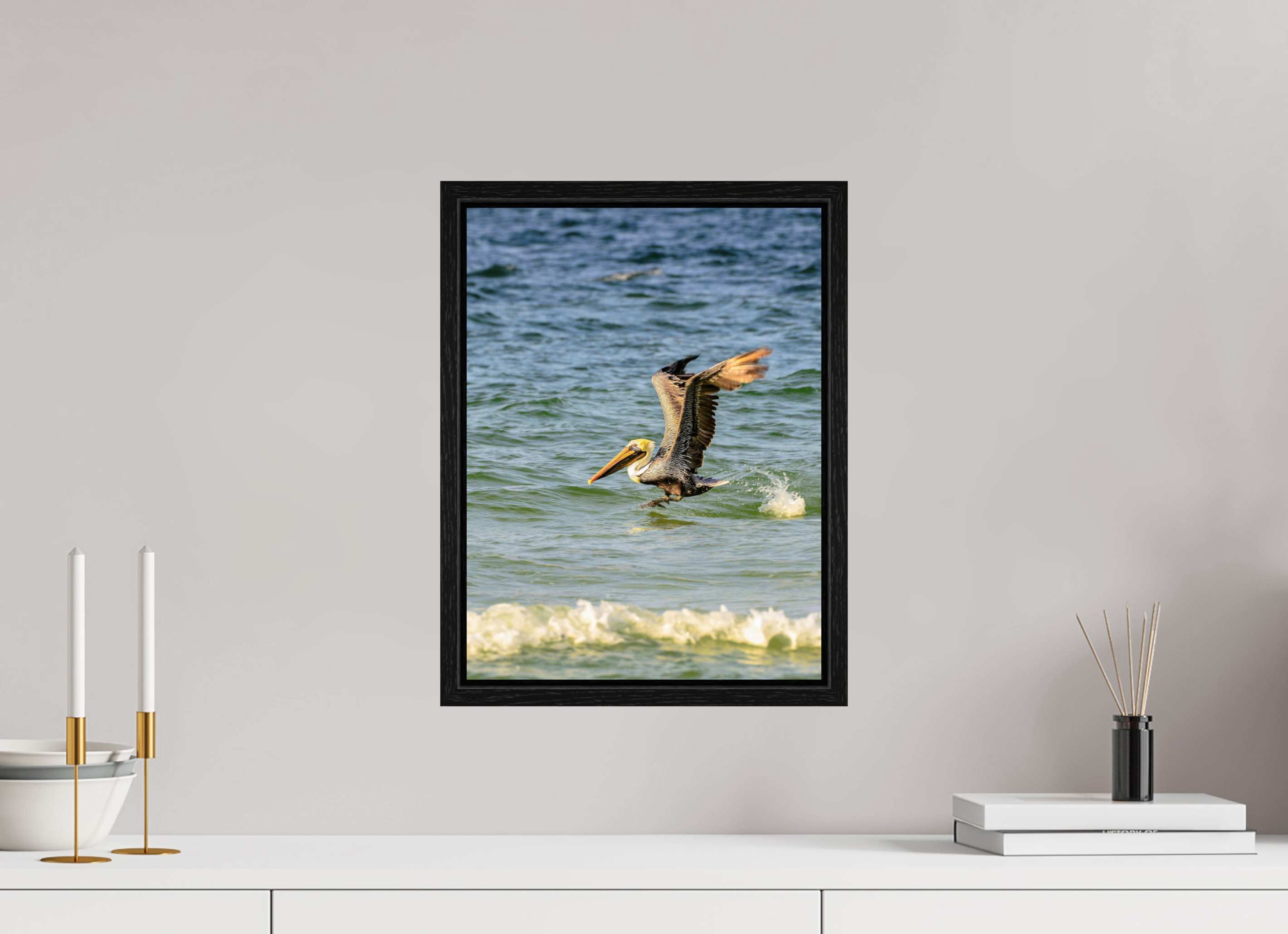 12 x 16″, Floater Frame Pelican in Flight