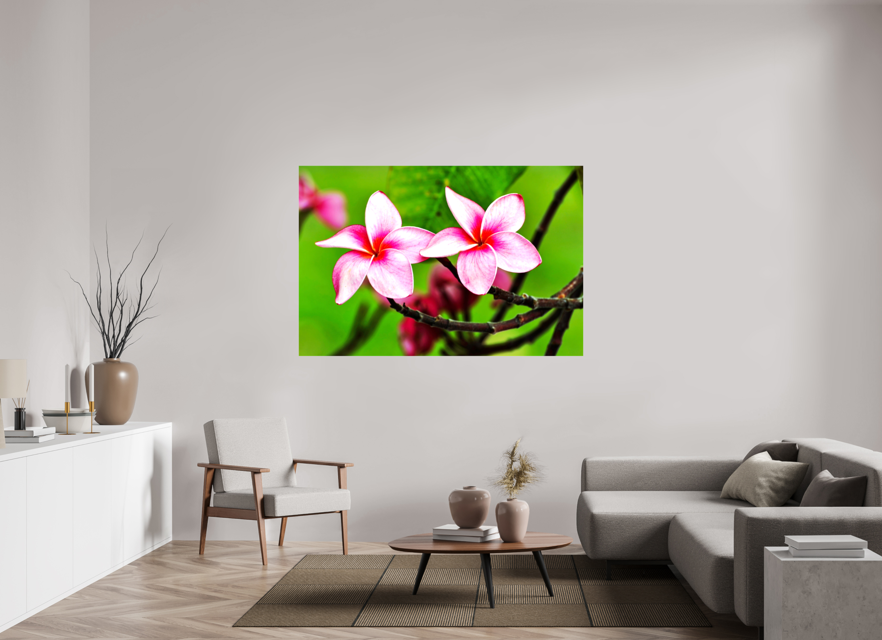 66 x 44″, Glossy Canvas on Stretcher Frame, 1,57" Wrapped Pink Plumeria Rubra (Frangipani)