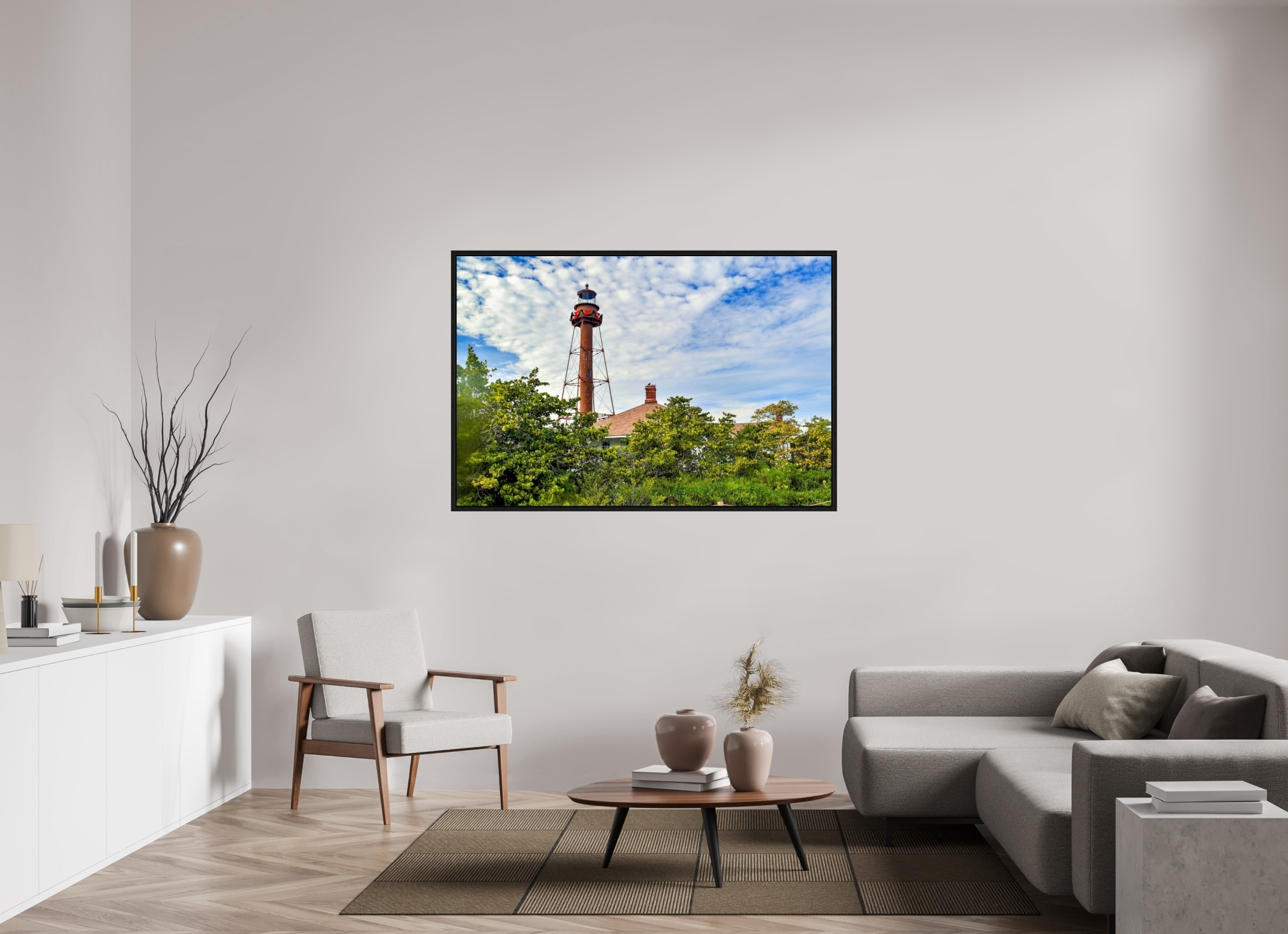 60 x 40″, Floater Frame Sanibel Island Lighthouse – Holiday Edition