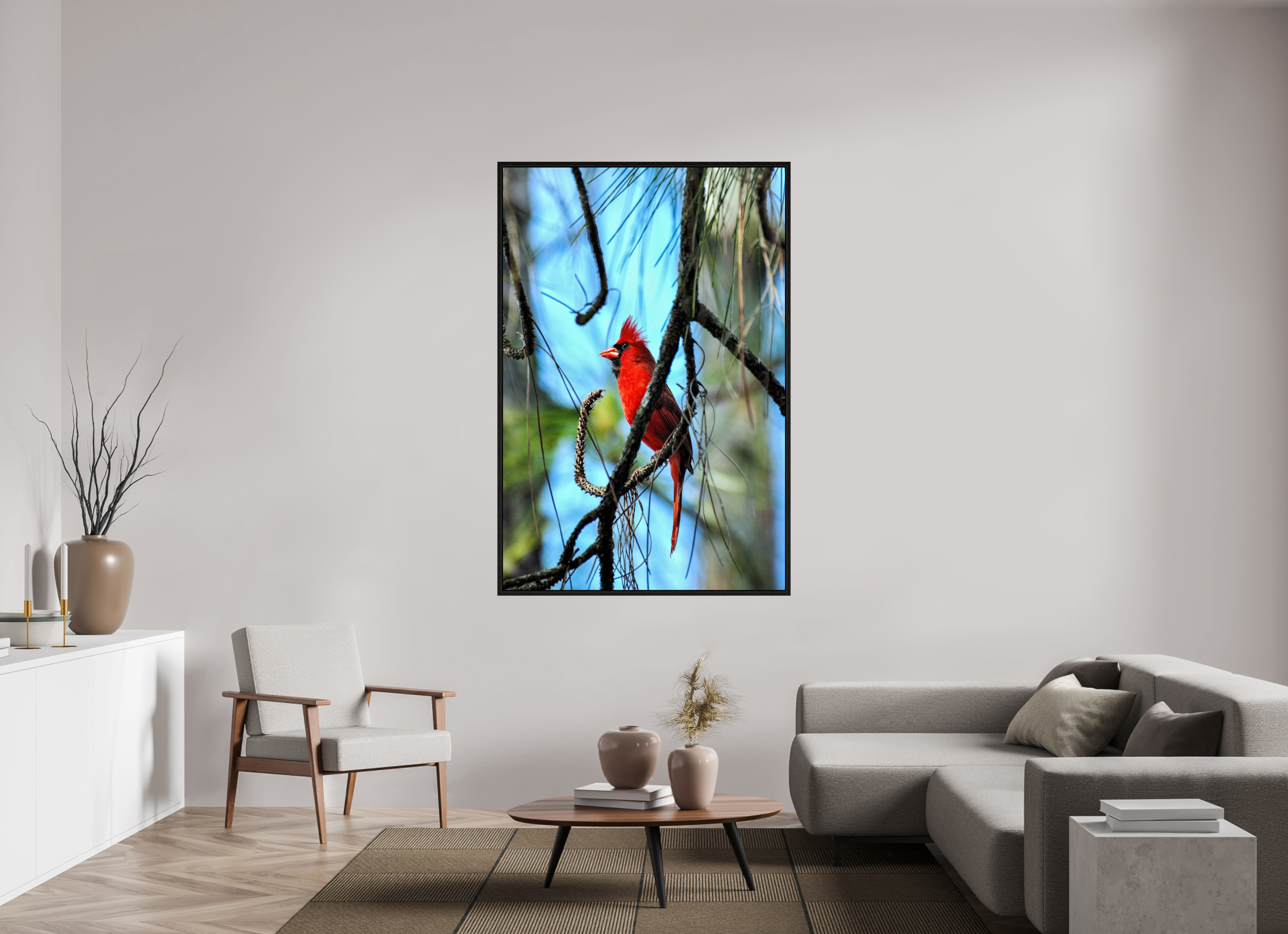 44 x 66″, Floater Frame, Basel 0.6", Black Oak, Glossy Acrylic Glass The Corkscrew Cardinal