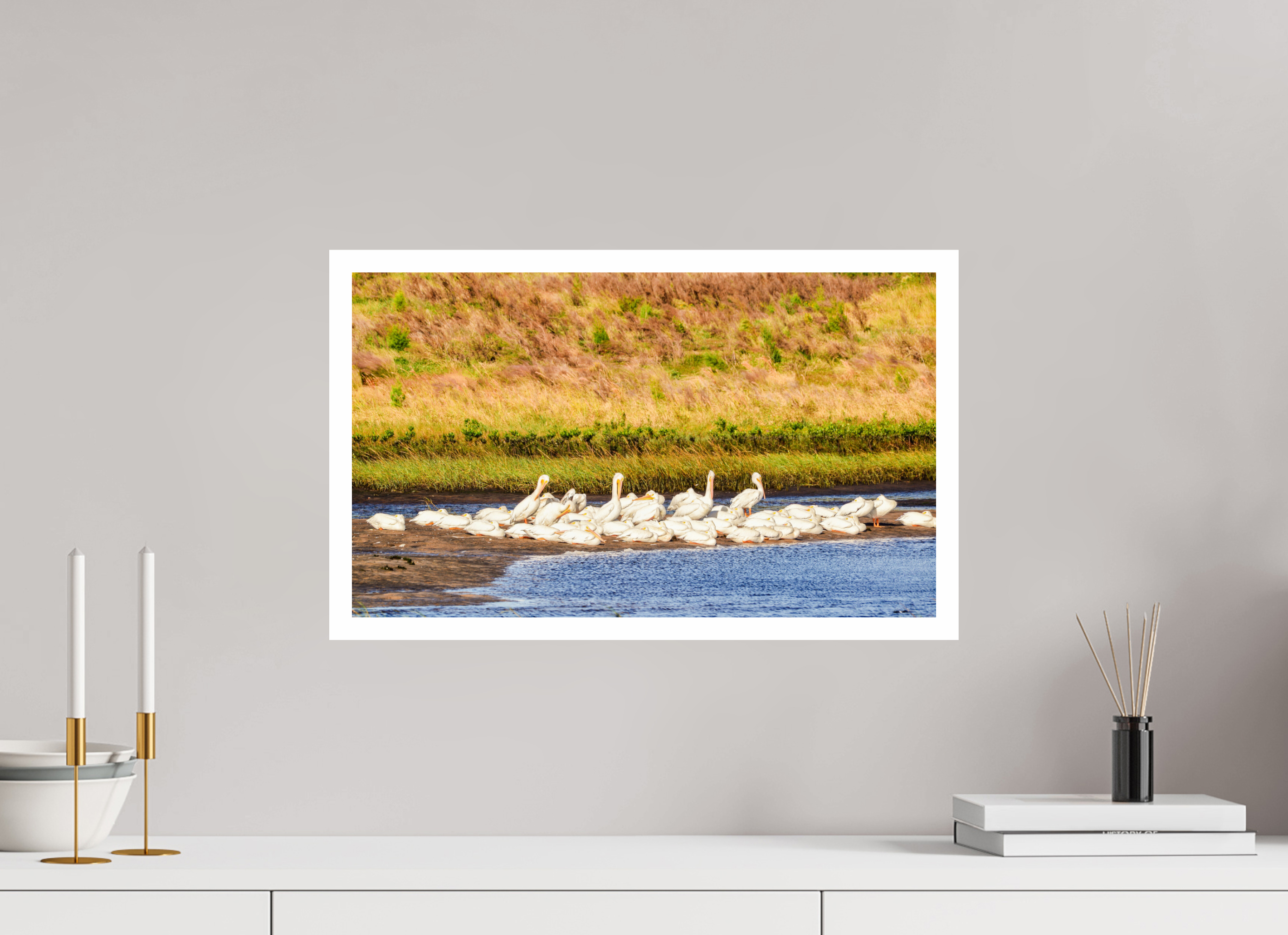 20.4 x 12″, Hahnemühle FineArt Pearl Print, .79" white border White Pelicans Golden Hour Gathering