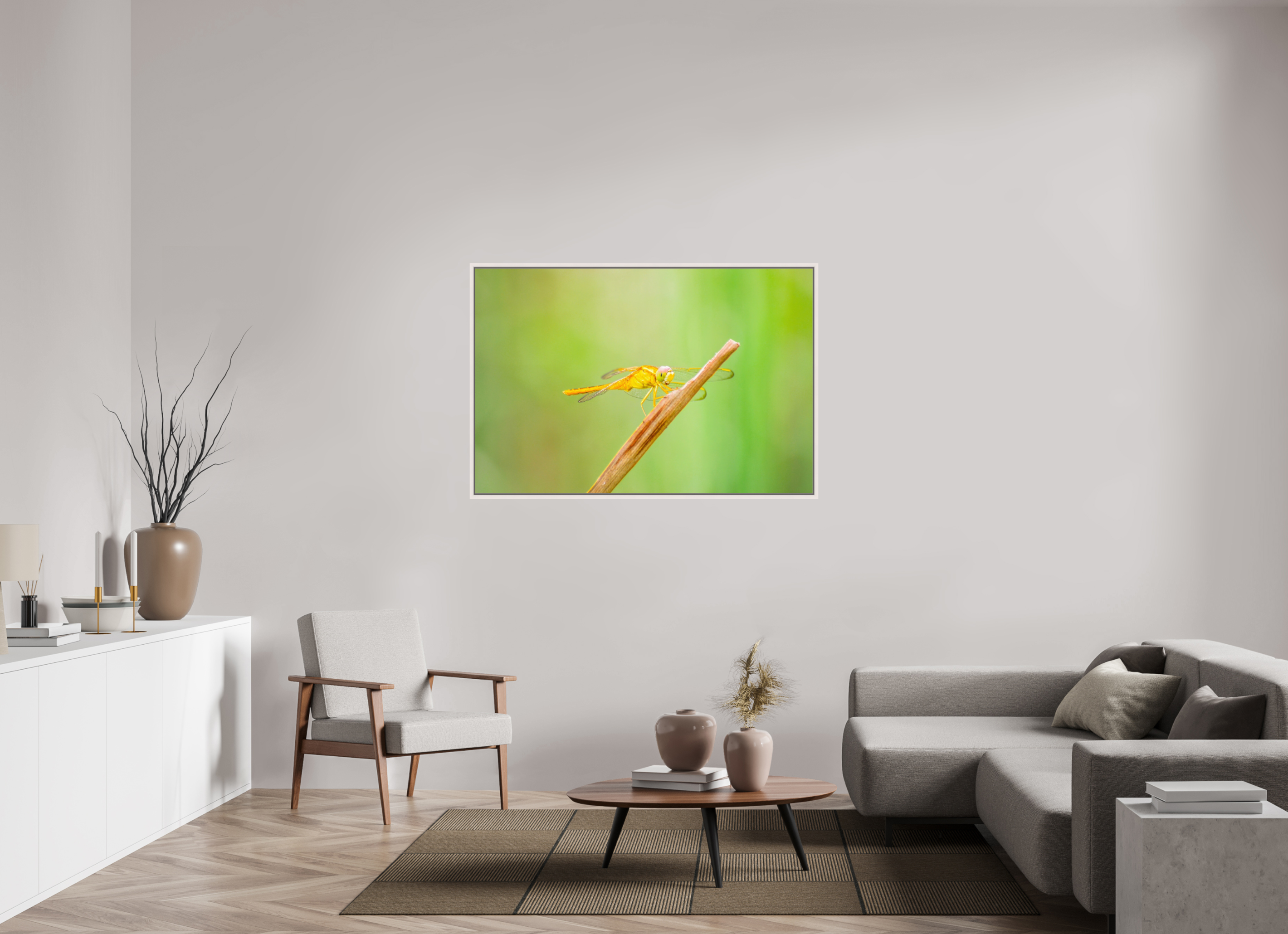 54 x 36″, Floater Frame, Basel 0.6", Maple White, Glossy Acrylic Glass Sun-Drenched Golden Scarlet Skimmer